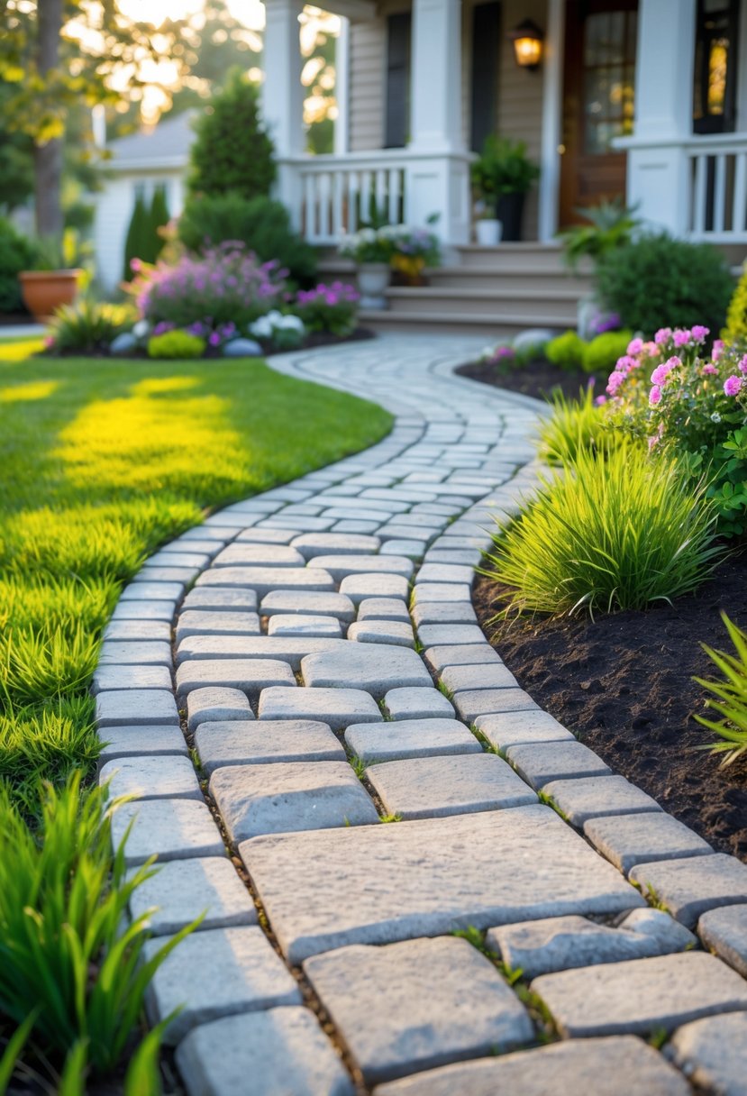 A small front yard with a curved stone paver path surrounded by green grass, flowering plants, and shrubs leading to a house entrance.