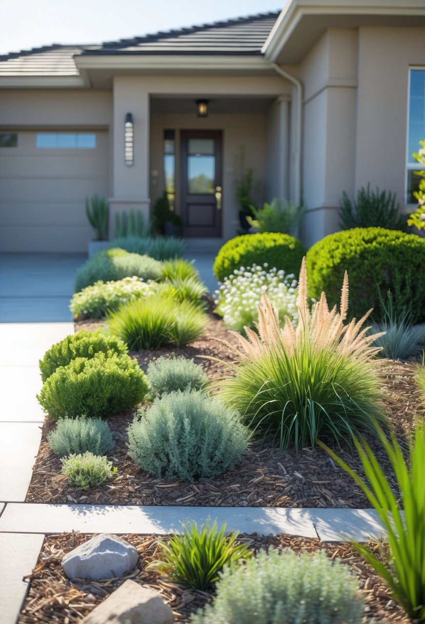Small front yard with native plants, stone pathway, and a modern house in the background.