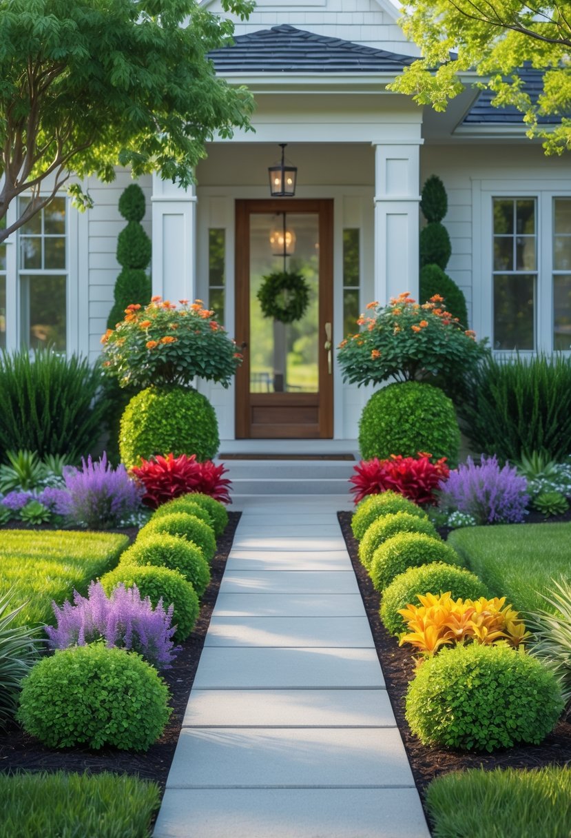 Small front yard with a symmetrical arrangement of green shrubs and colorful flowering plants along a pathway leading to a house.