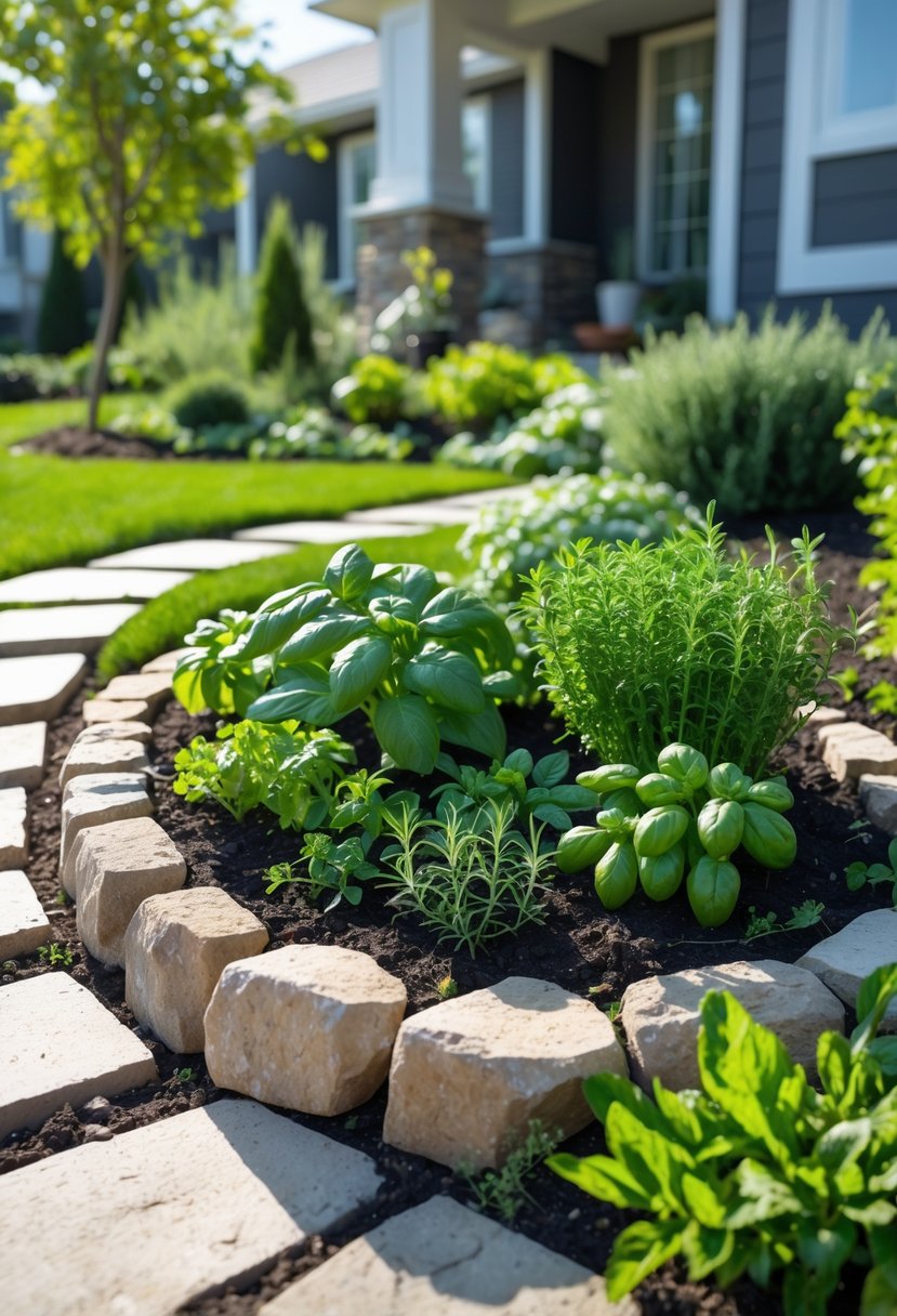 Small front yard with a vegetable and herb garden bed bordered by stones, surrounded by grass and flowers, with a pathway leading to a house.