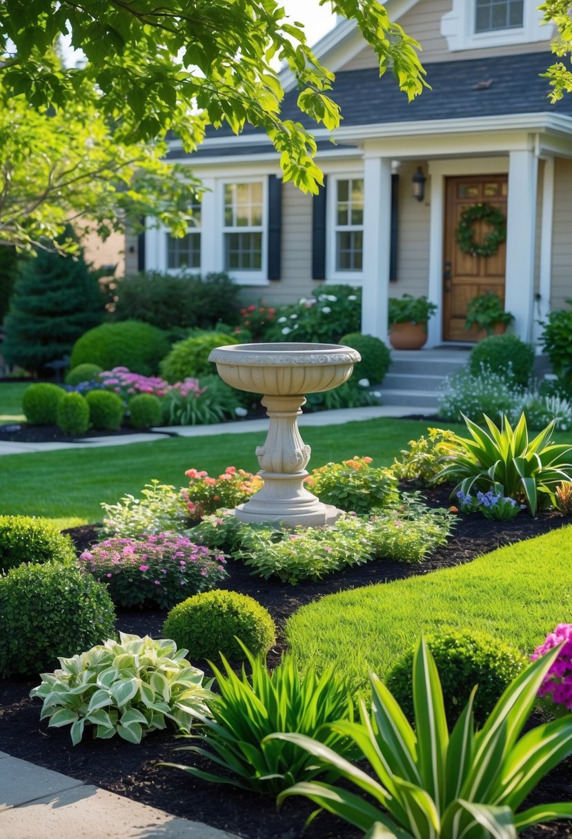 A small front yard with a statue or birdbath surrounded by plants, flowers, and a pathway leading to a house.