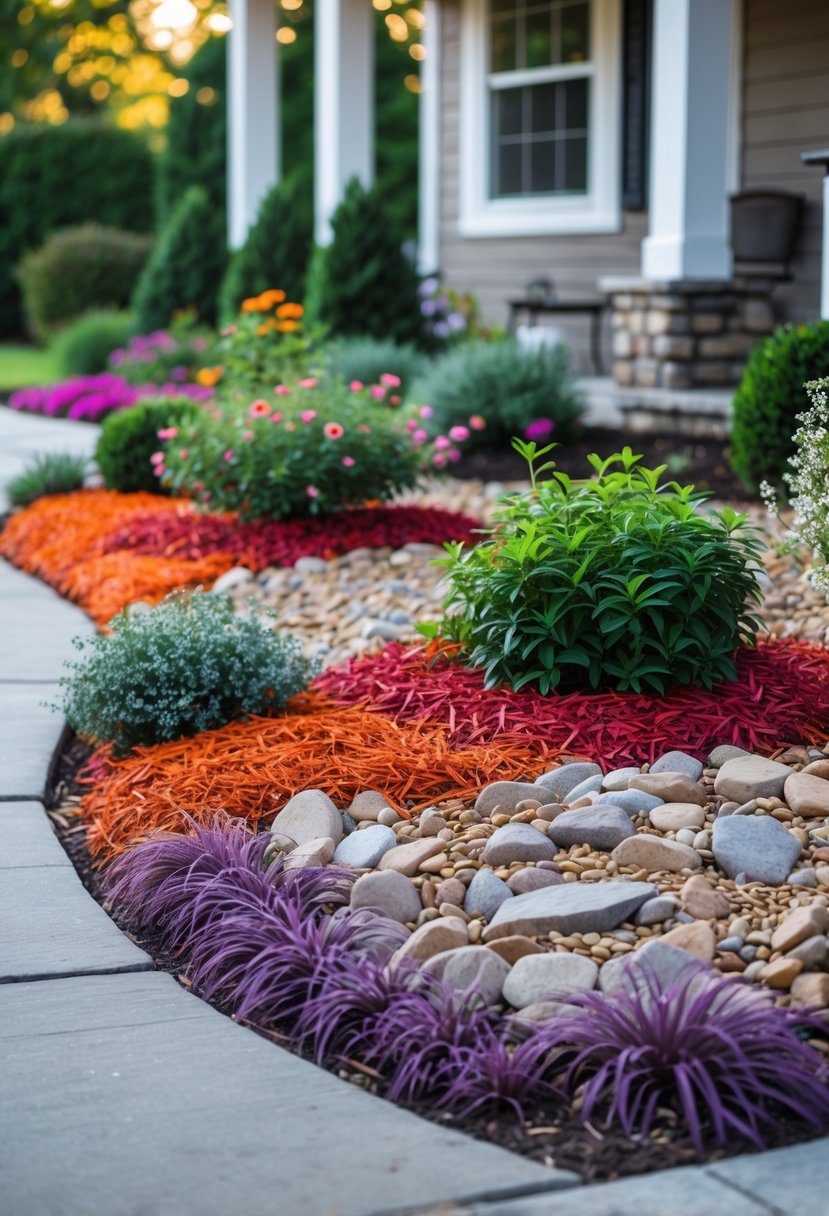 A small front yard with colorful mulch, decorative stones, shrubs, and flowering plants near a house.