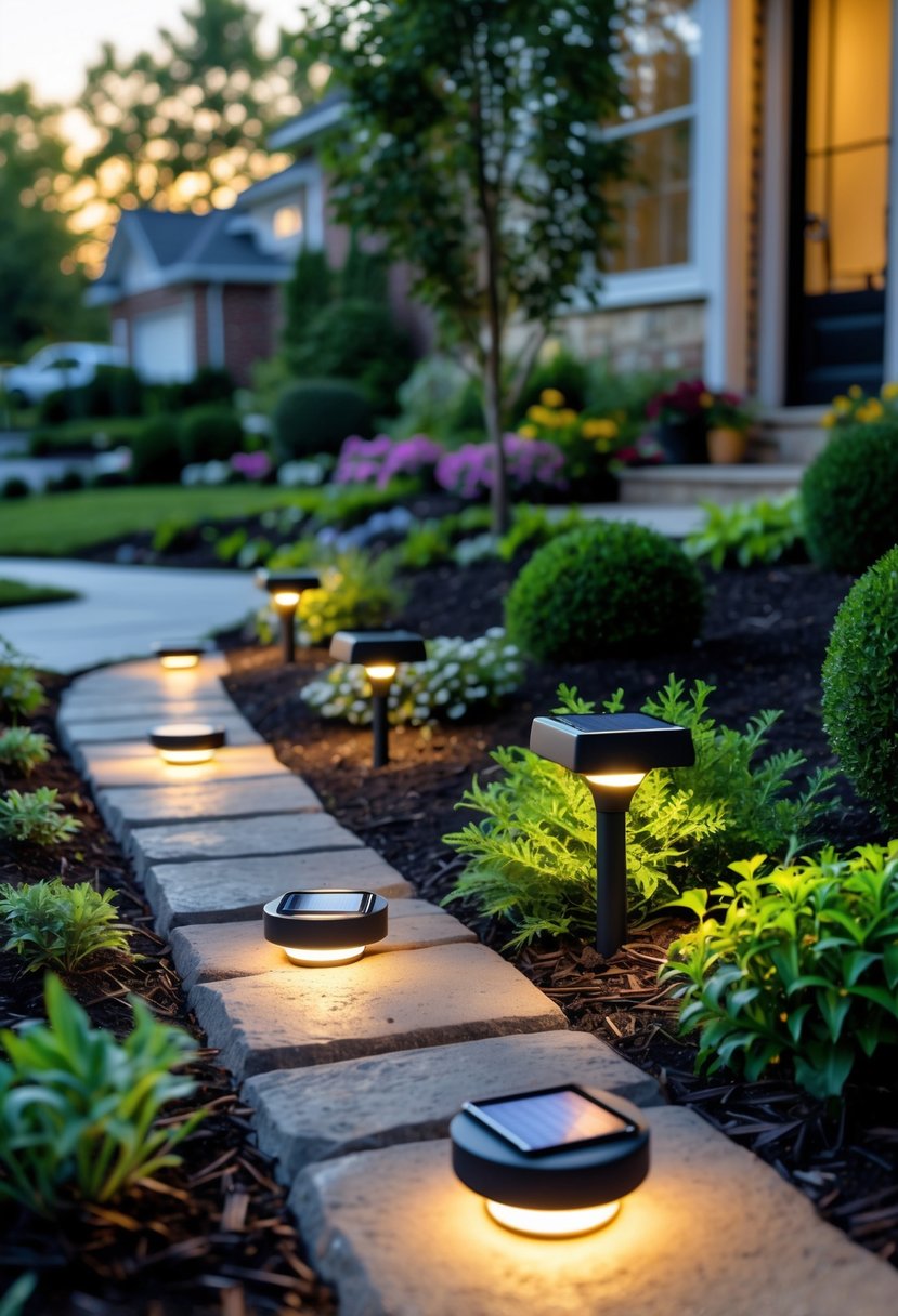 A small front yard with solar-powered pathway lights illuminating a stone walkway surrounded by plants and shrubs.
