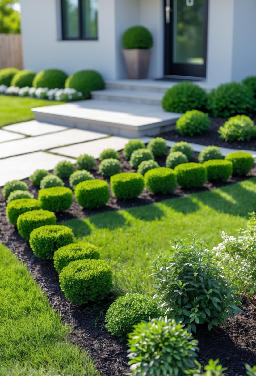 A small front yard with compact shrubs defining garden borders and a paved walkway leading to the house.