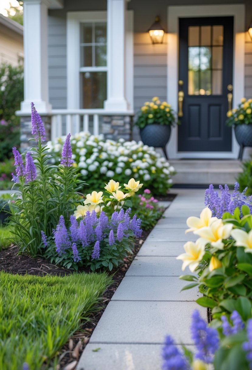 Small front yard with fragrant flowering plants near the entrance of a house.