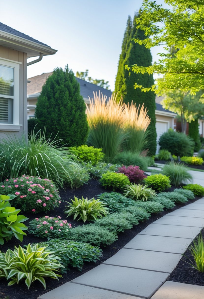 A small front yard with layered plants of different heights, including shrubs, flowers, and small trees along a paved pathway.