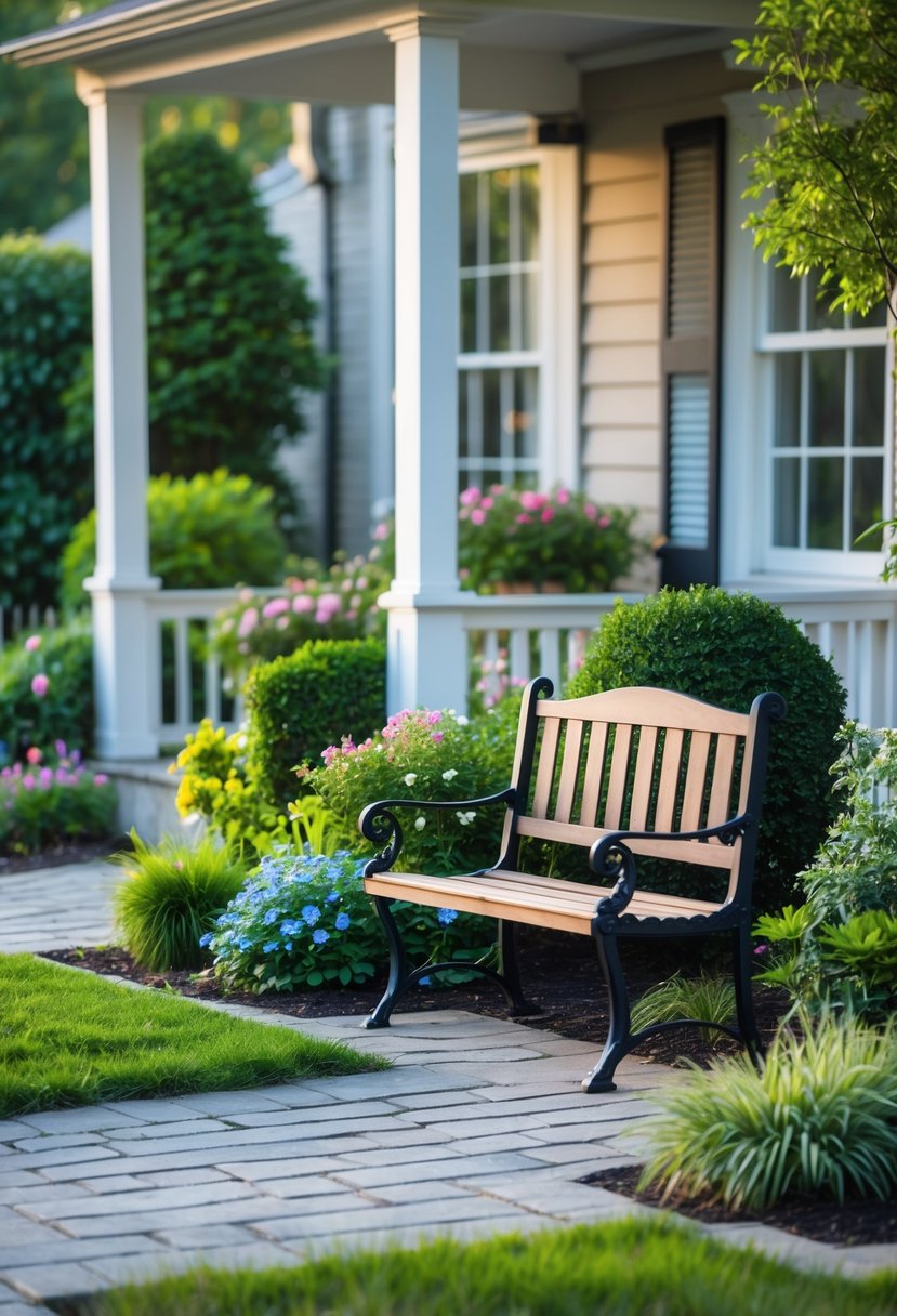 Small front yard with a bench surrounded by plants and flowers near a house entrance.
