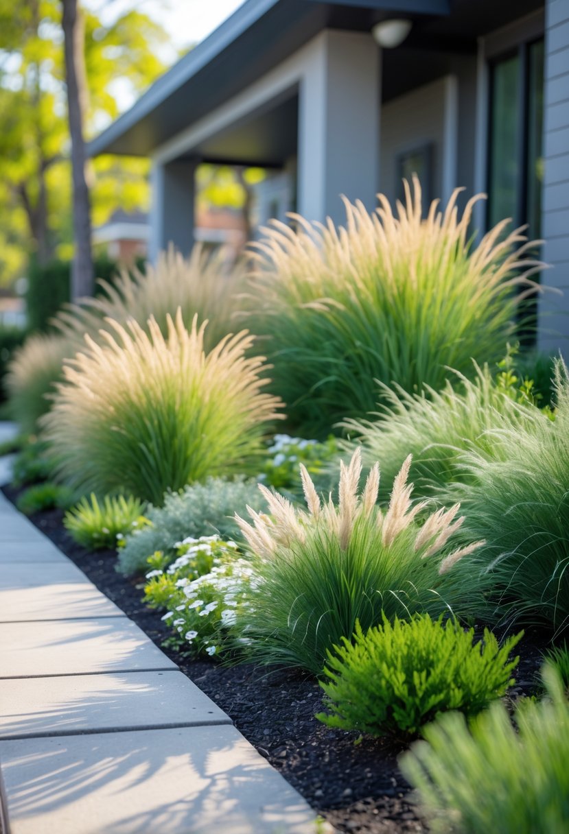 A small front yard with ornamental grasses and flowering plants along a pathway leading to a house.
