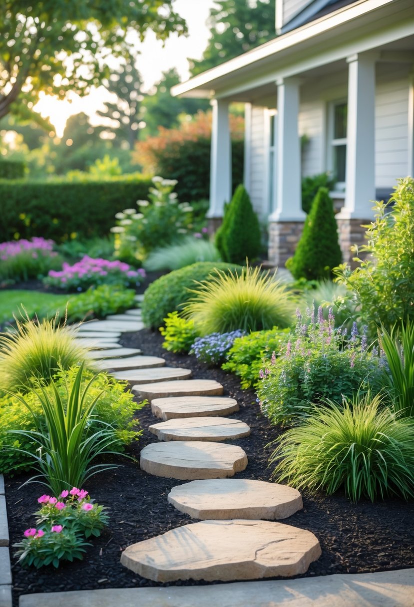 A small front yard with stepping stones winding through garden beds filled with green plants and colorful flowers.