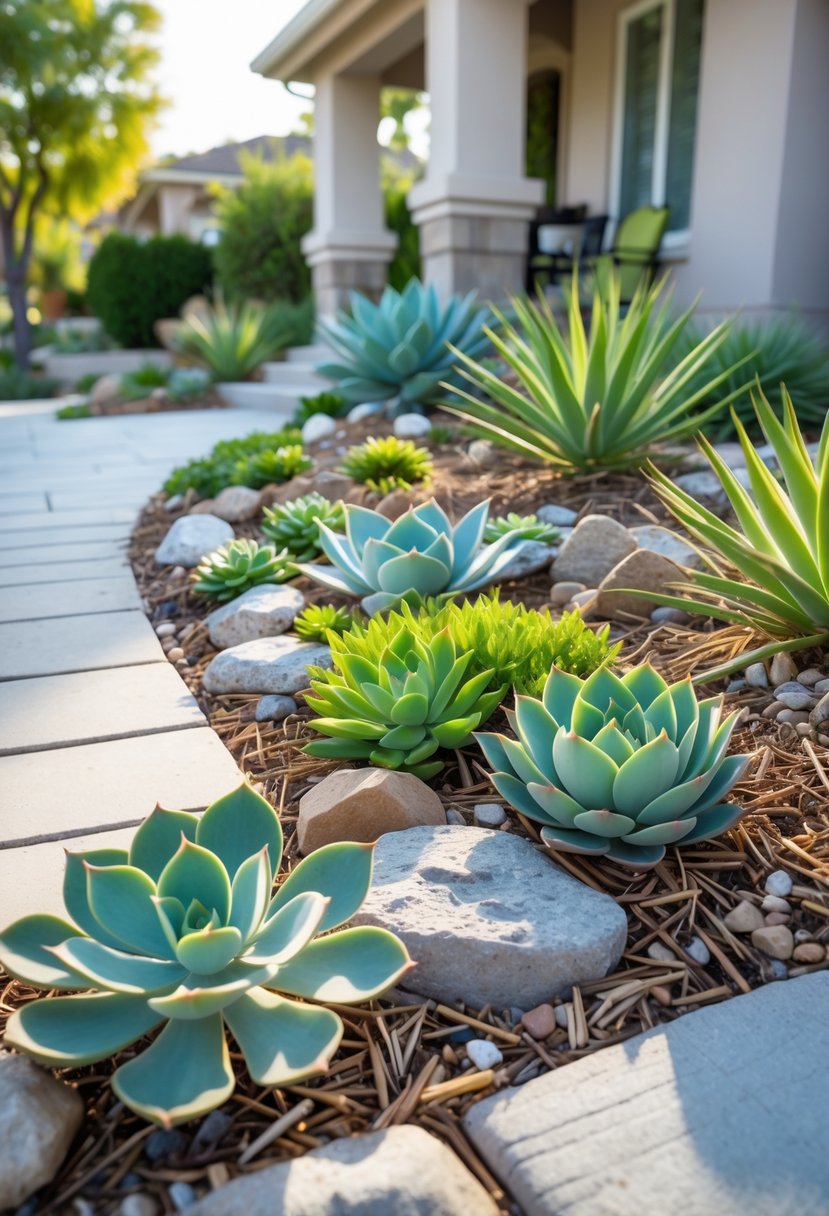 Small front yard landscaped with various drought-tolerant succulents, decorative rocks, and a stone walkway leading to a front porch.