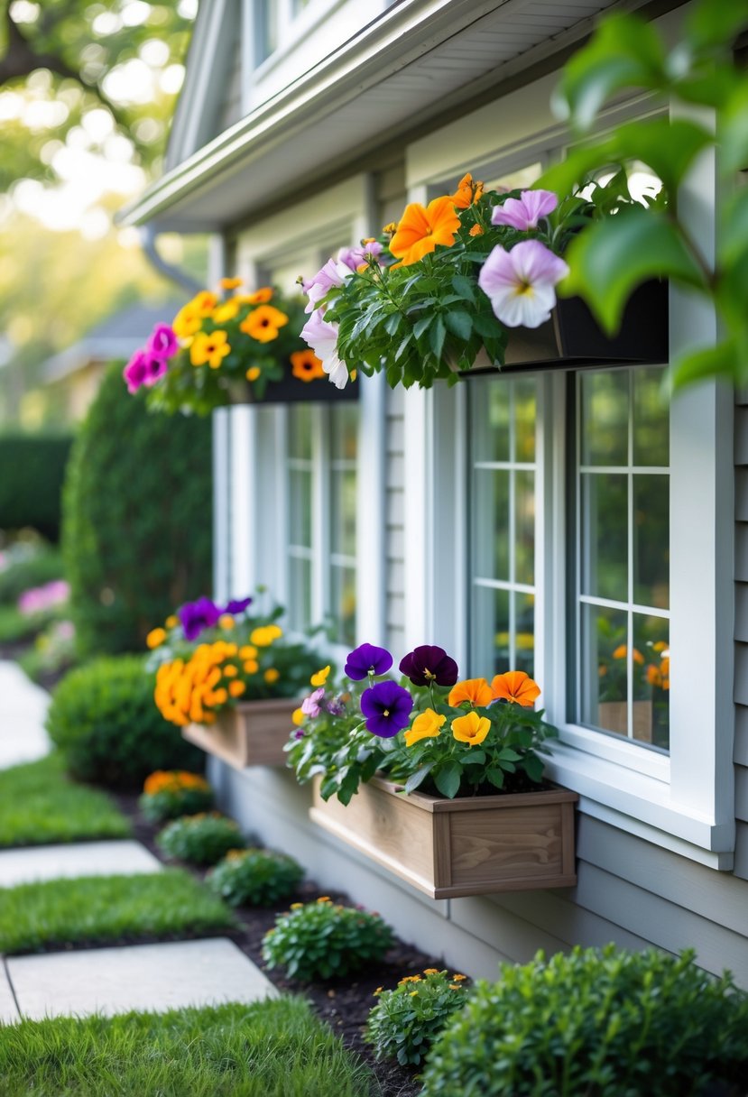 A small front yard with window boxes filled with colorful seasonal flowers beneath house windows and a tidy pathway surrounded by green grass.