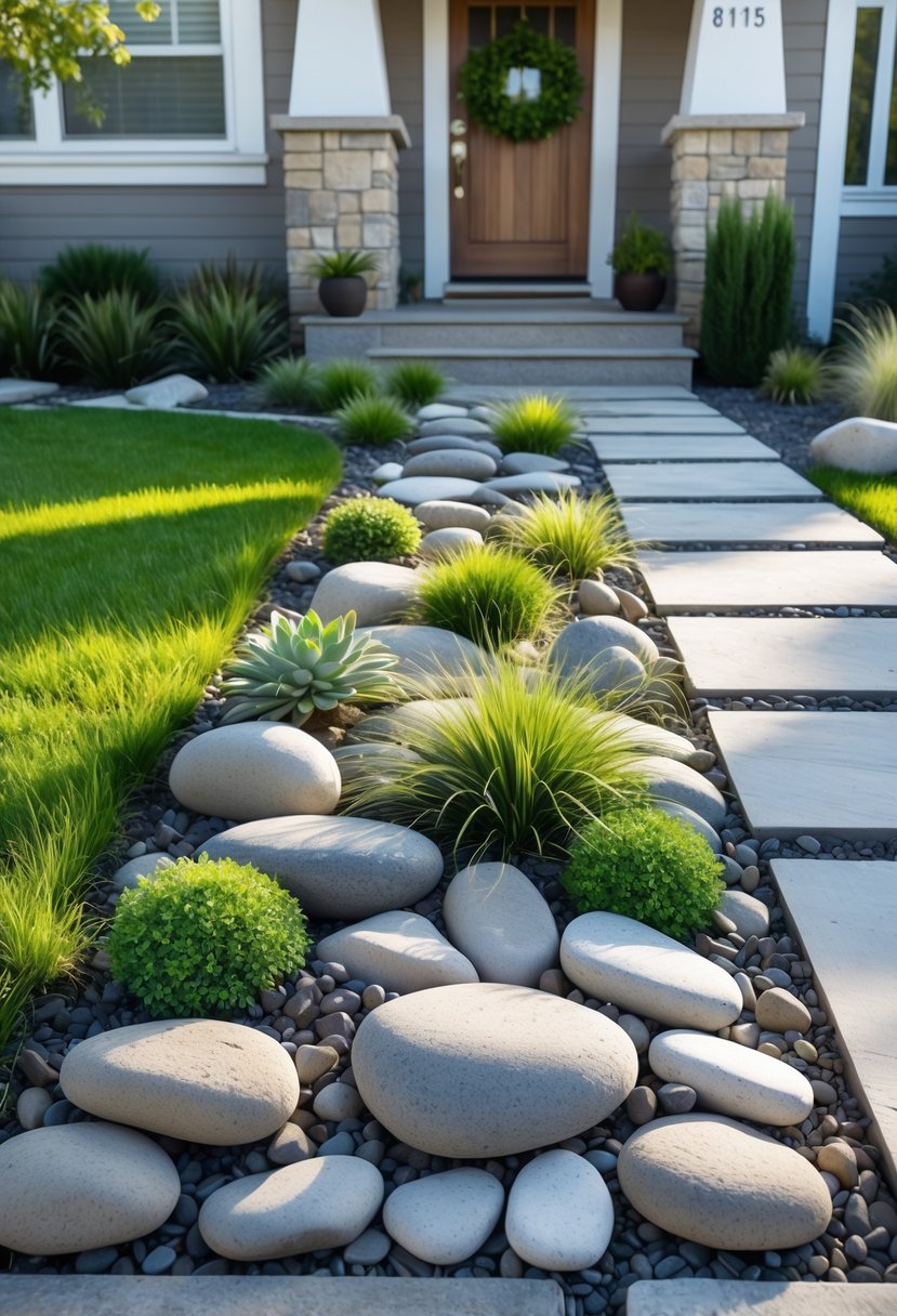 A small front yard with a mini rock garden featuring stones, succulents, and green plants next to a pathway leading to a house.