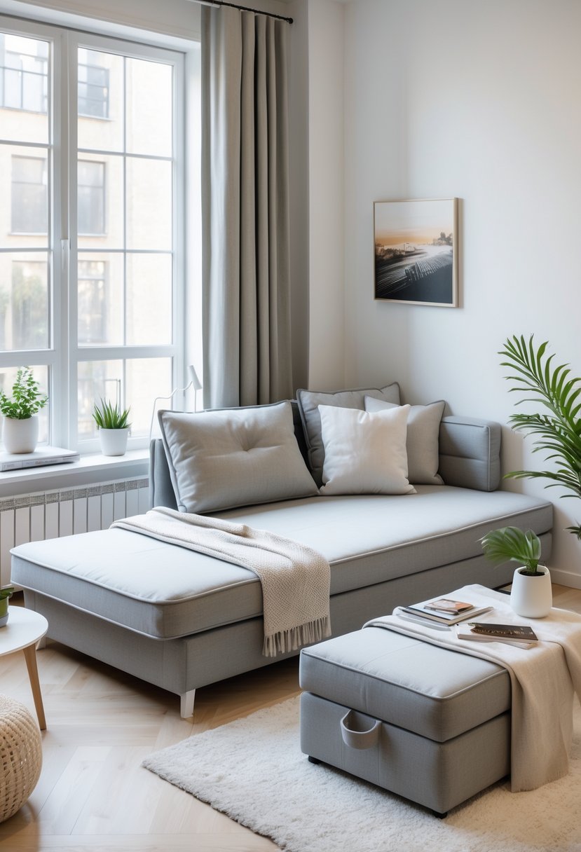 Small apartment living room with a sofa bed and a storage ottoman, bright and neatly arranged.