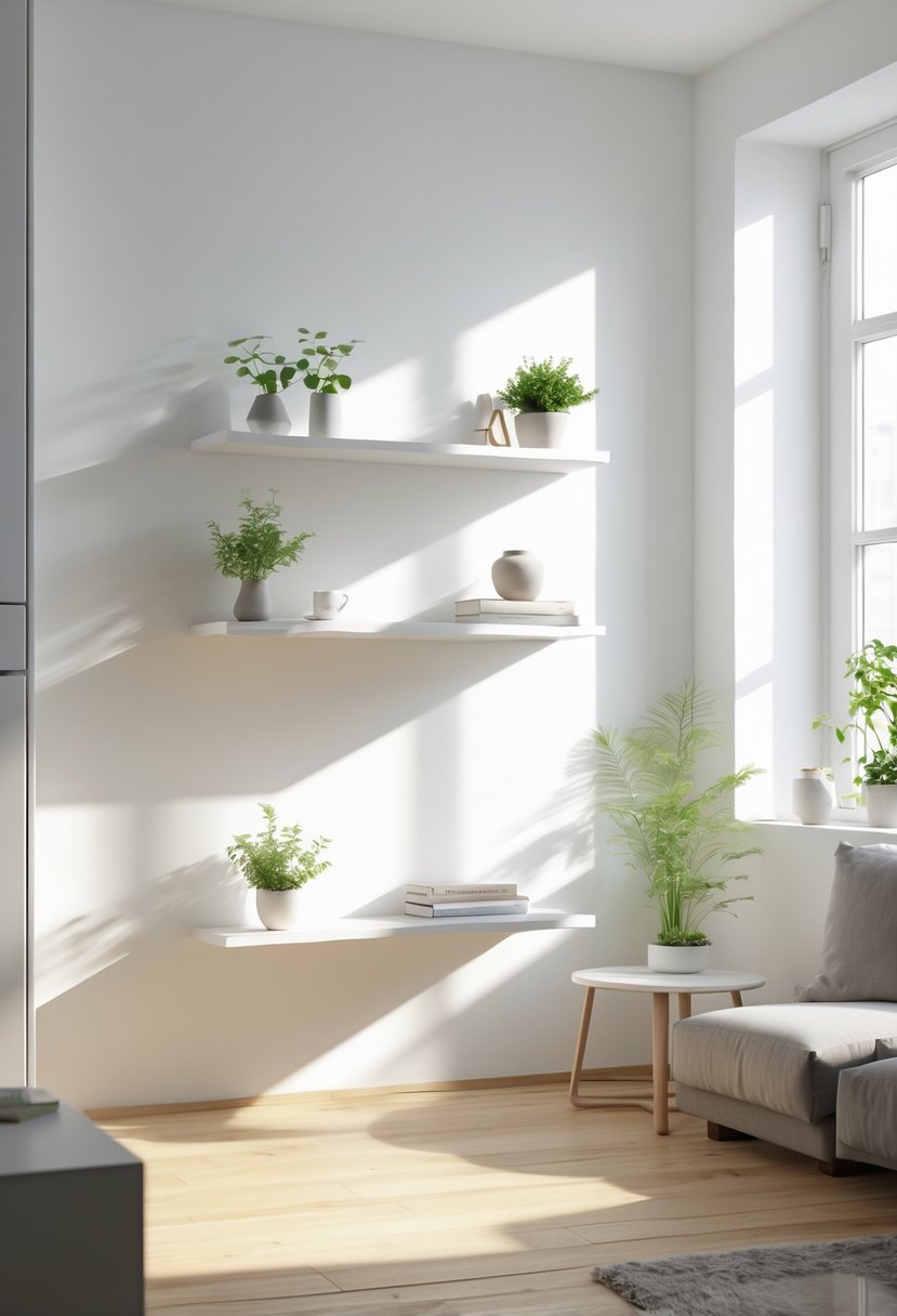 A small apartment living area with floating shelves on the wall holding plants and books, and an uncluttered floor beneath them.