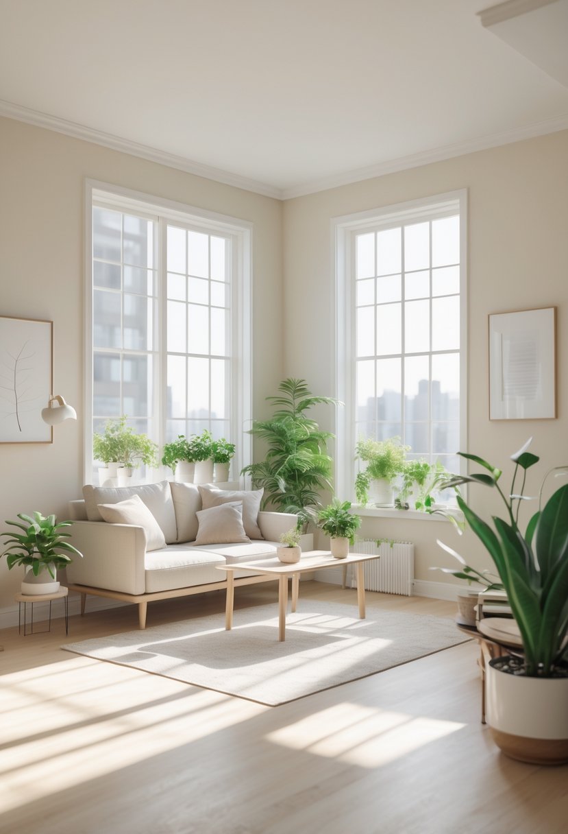 A bright small apartment living room with light neutral-colored walls, a sofa, coffee table, and indoor plants.
