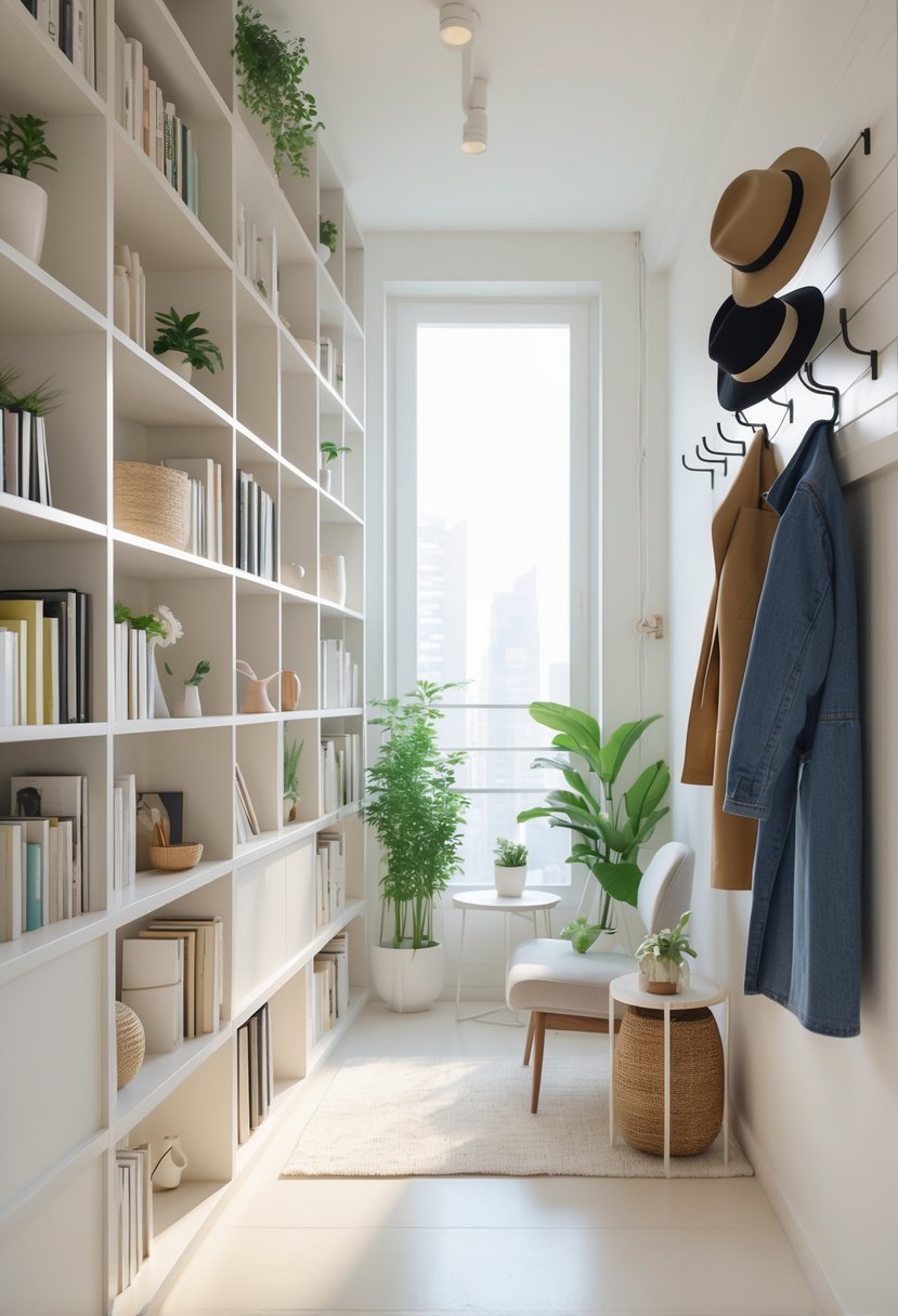 A small apartment interior with tall bookcases filled with books and decorative items, and wall hooks holding bags and coats.