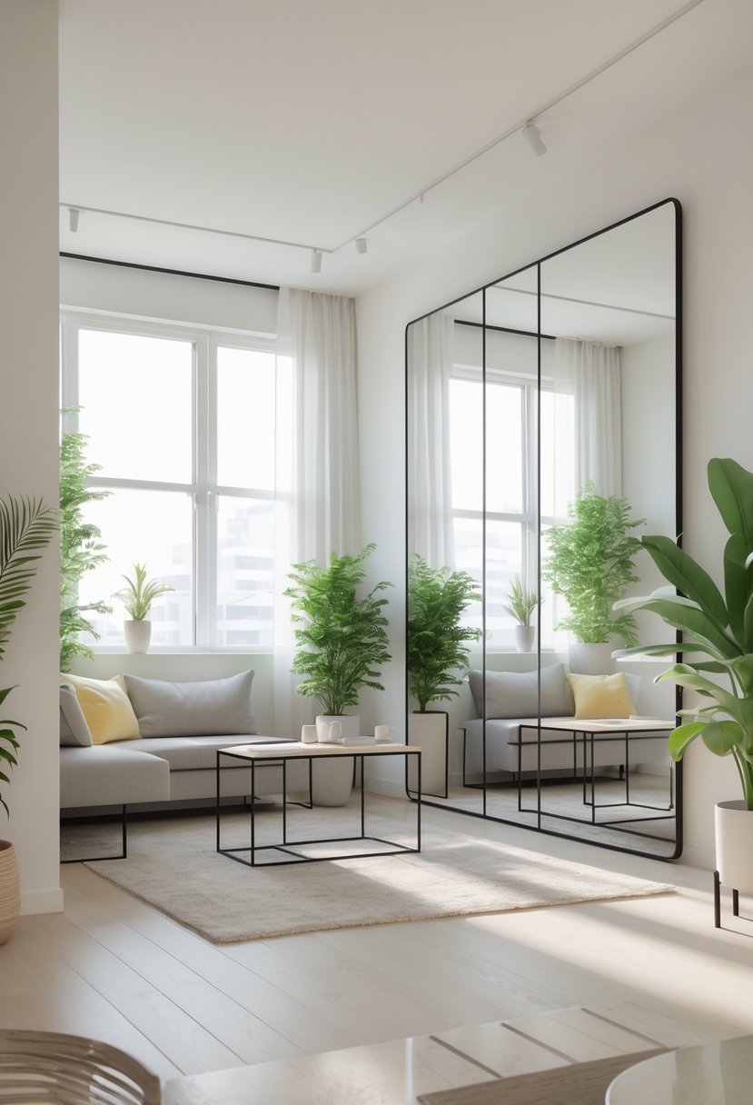 A small modern apartment living room with a large wall mirror reflecting the space to make it appear bigger, featuring a sofa, coffee table, plants, and natural light.