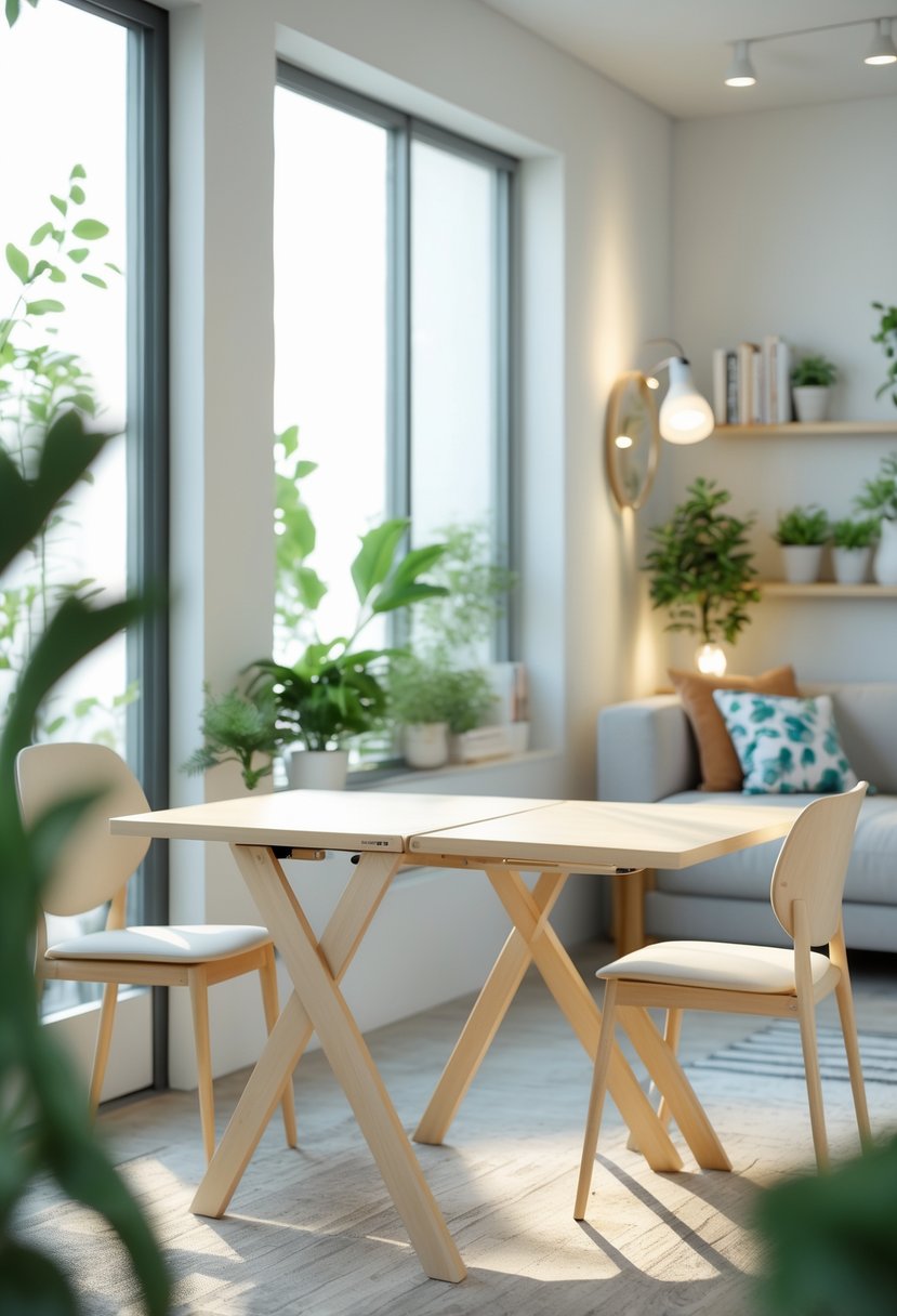 A small apartment dining area with a foldable wooden dining table folded to save space, two chairs, and a cozy living area with plants and shelves in the background.