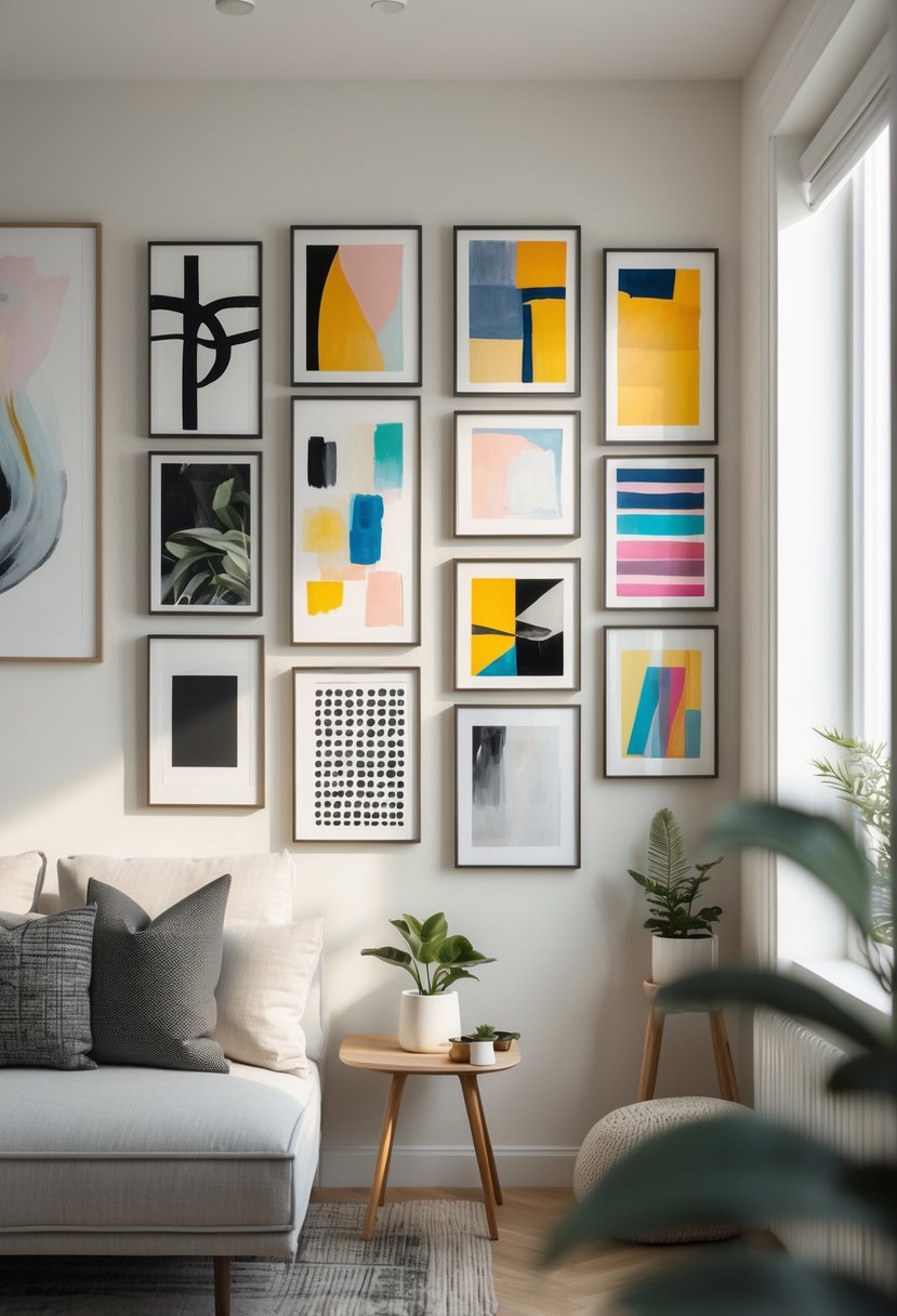 A small apartment living room corner with a grid of framed artwork on the wall, a sofa, coffee table, and natural light.