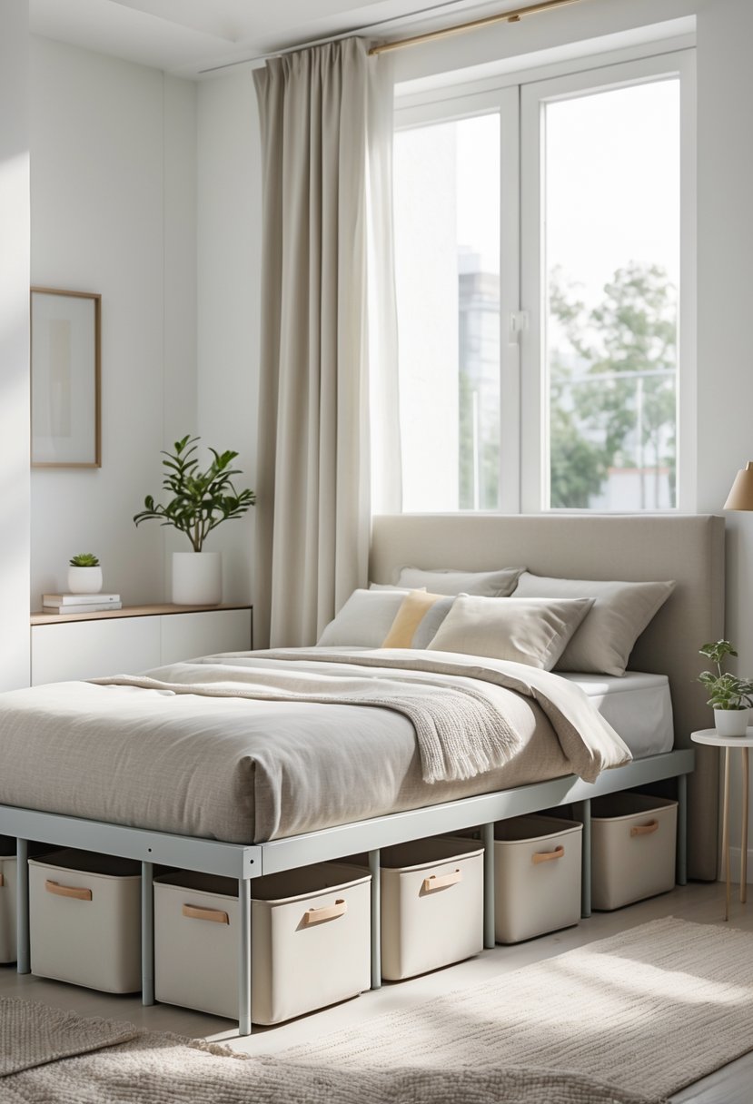 A small apartment bedroom showing a bed with organized storage bins neatly placed underneath.