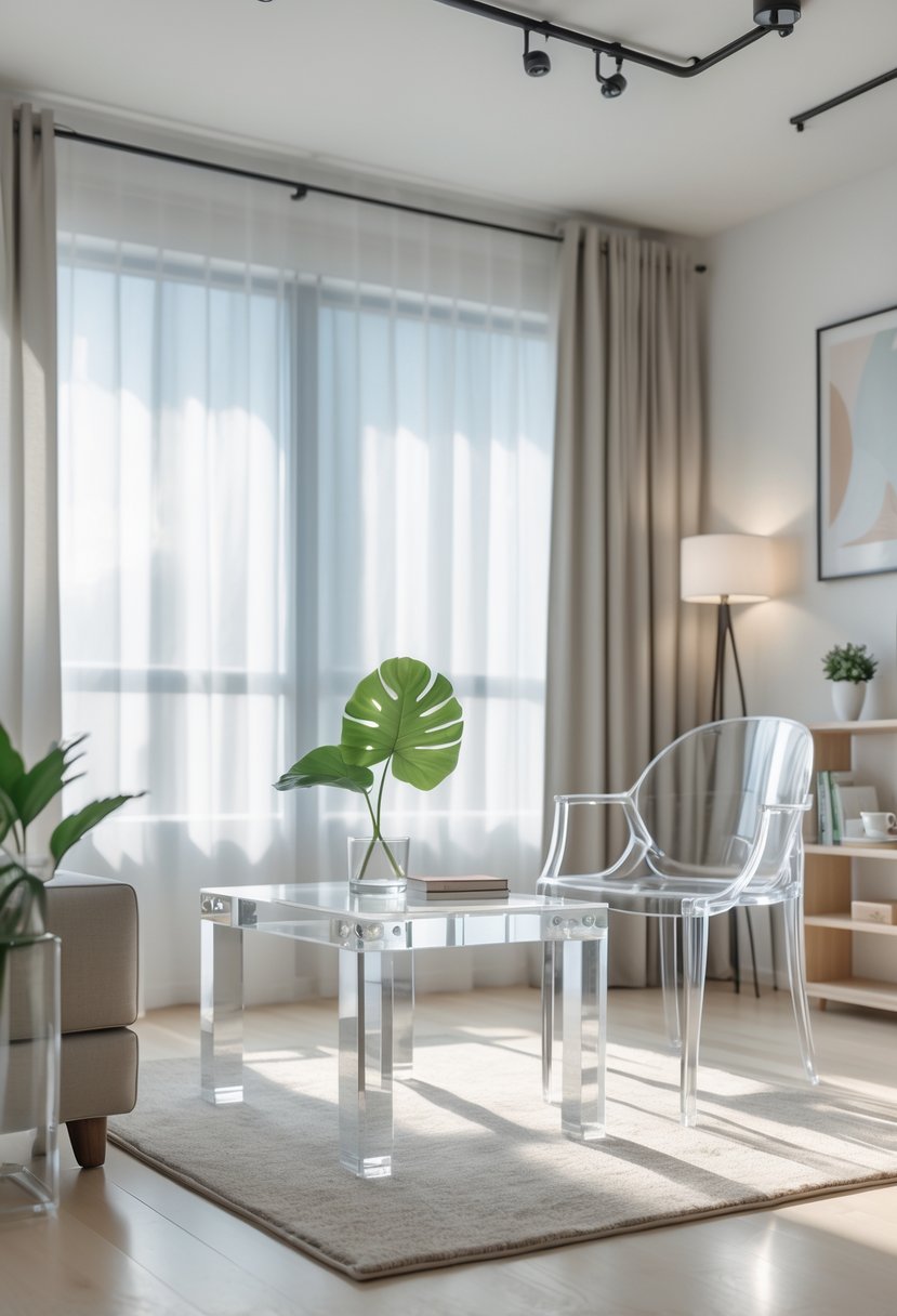 A small living room with clear acrylic furniture, natural light from a window, a plant on a coffee table, and a cozy rug on wooden floors.