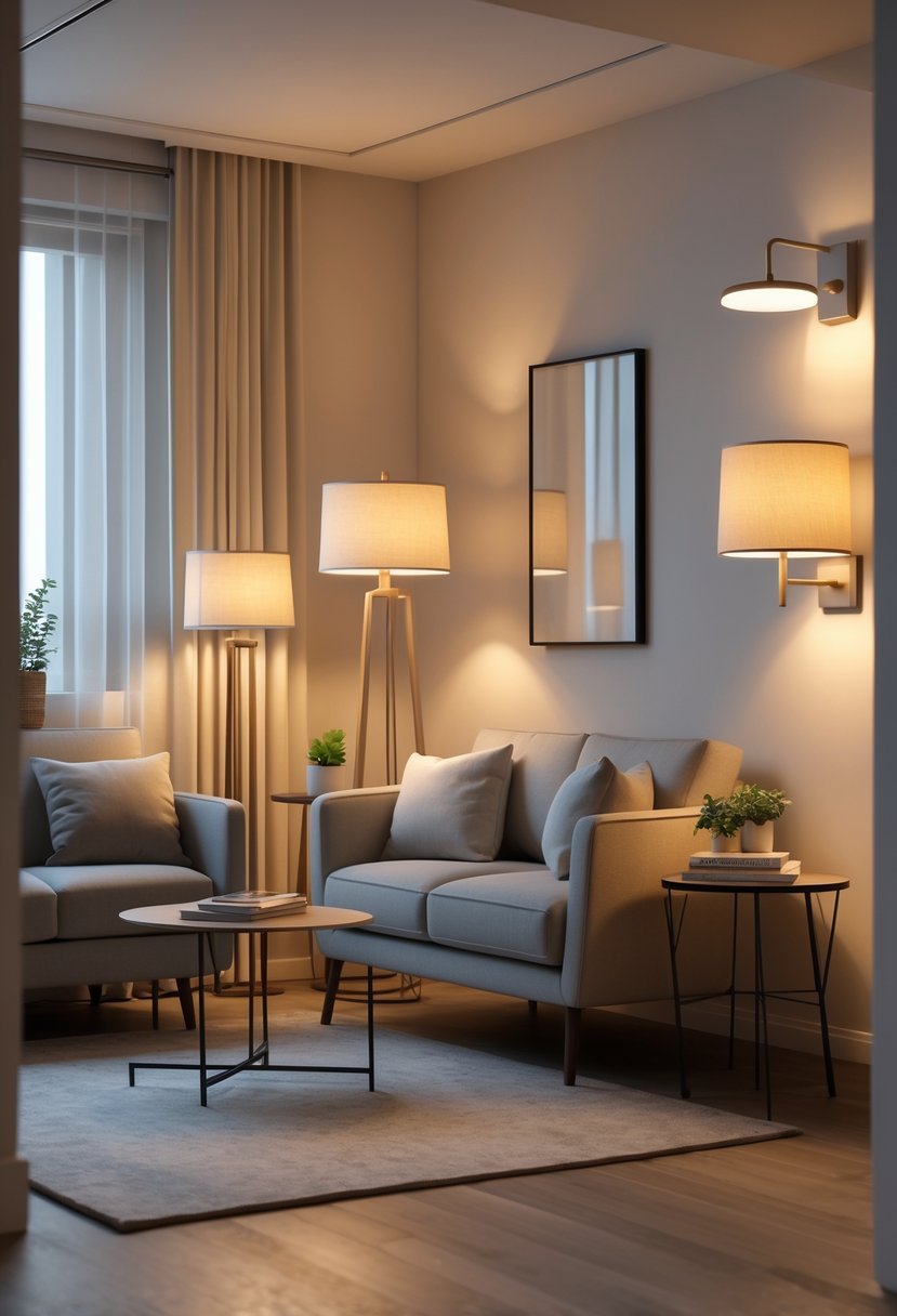 A small apartment living room with floor lamps, table lamps, and wall sconces providing warm layered lighting over a sofa and coffee table.