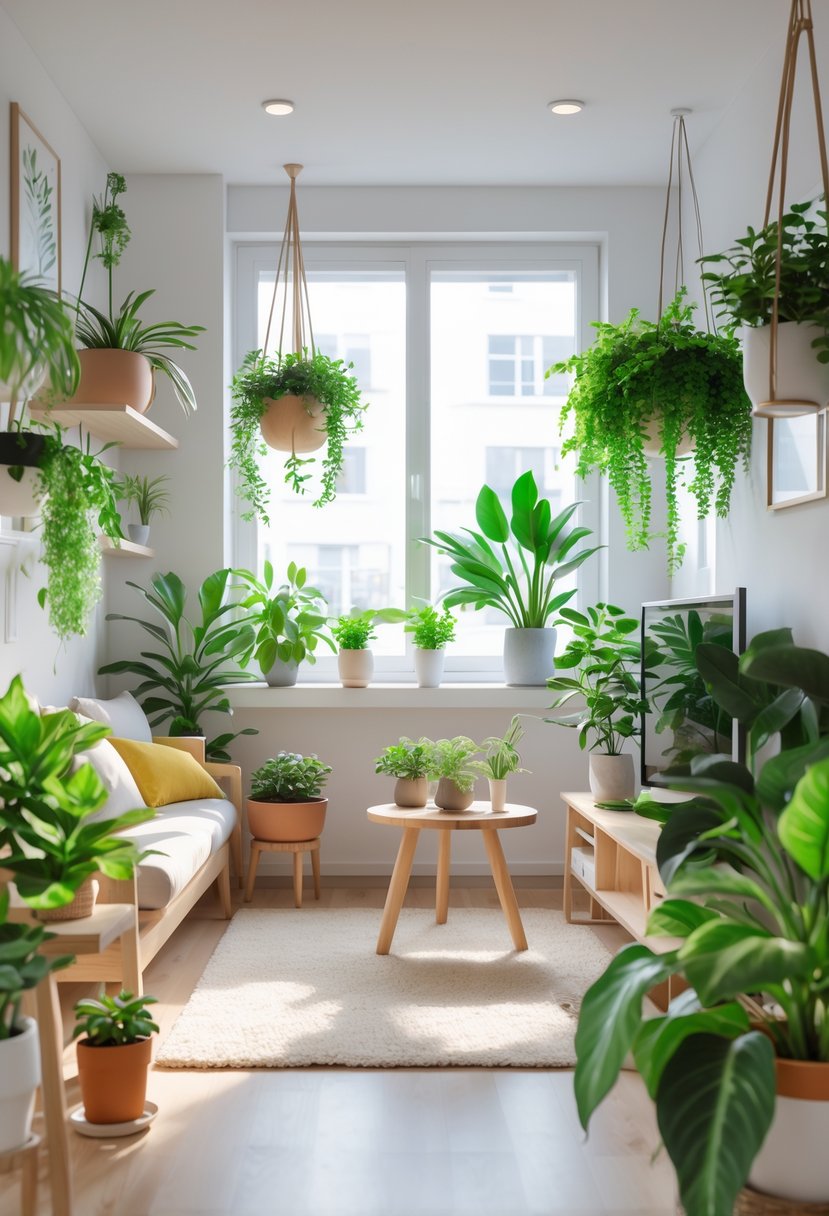 A small, bright apartment living room with modern furniture and various green plants placed around the space.