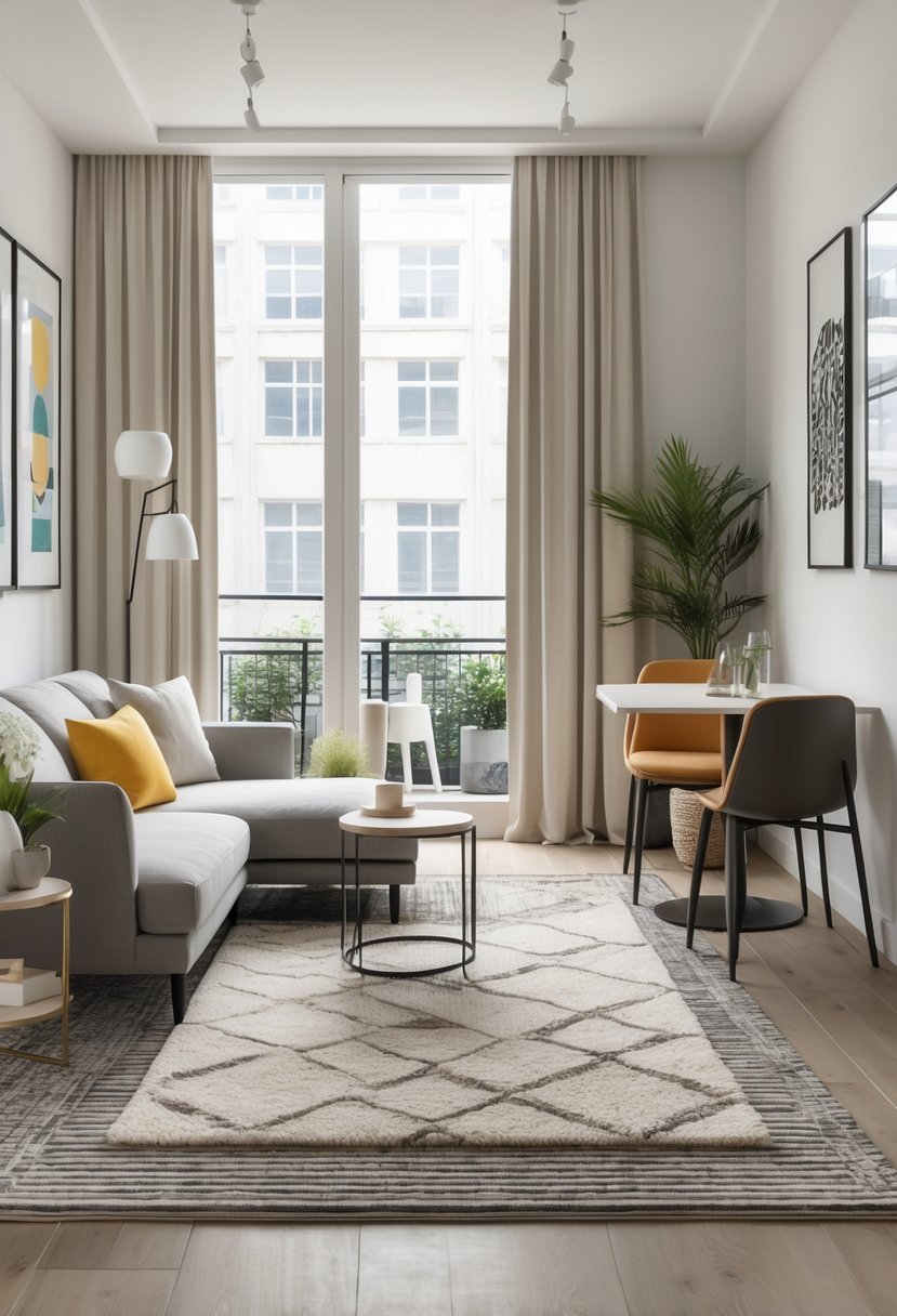 A small apartment living space with separate seating and dining areas defined by different rugs and furniture placement.