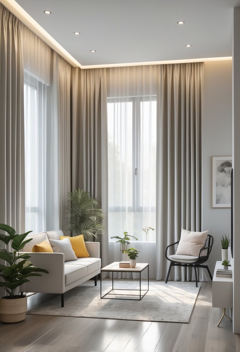 Small apartment living room with floor-to-ceiling curtains on a large window, compact furniture, and natural light creating a bright and cozy space.