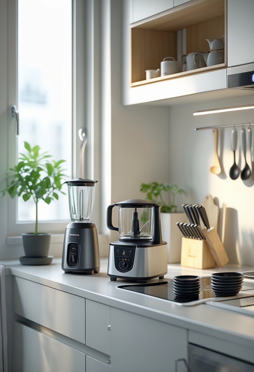 A small apartment kitchen countertop with multifunctional kitchen tools neatly arranged to save space and reduce clutter.