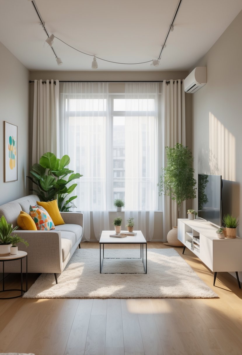 Small apartment living room with a sofa, coffee table, media console, bookshelf, and plants, illuminated by natural light from a window.