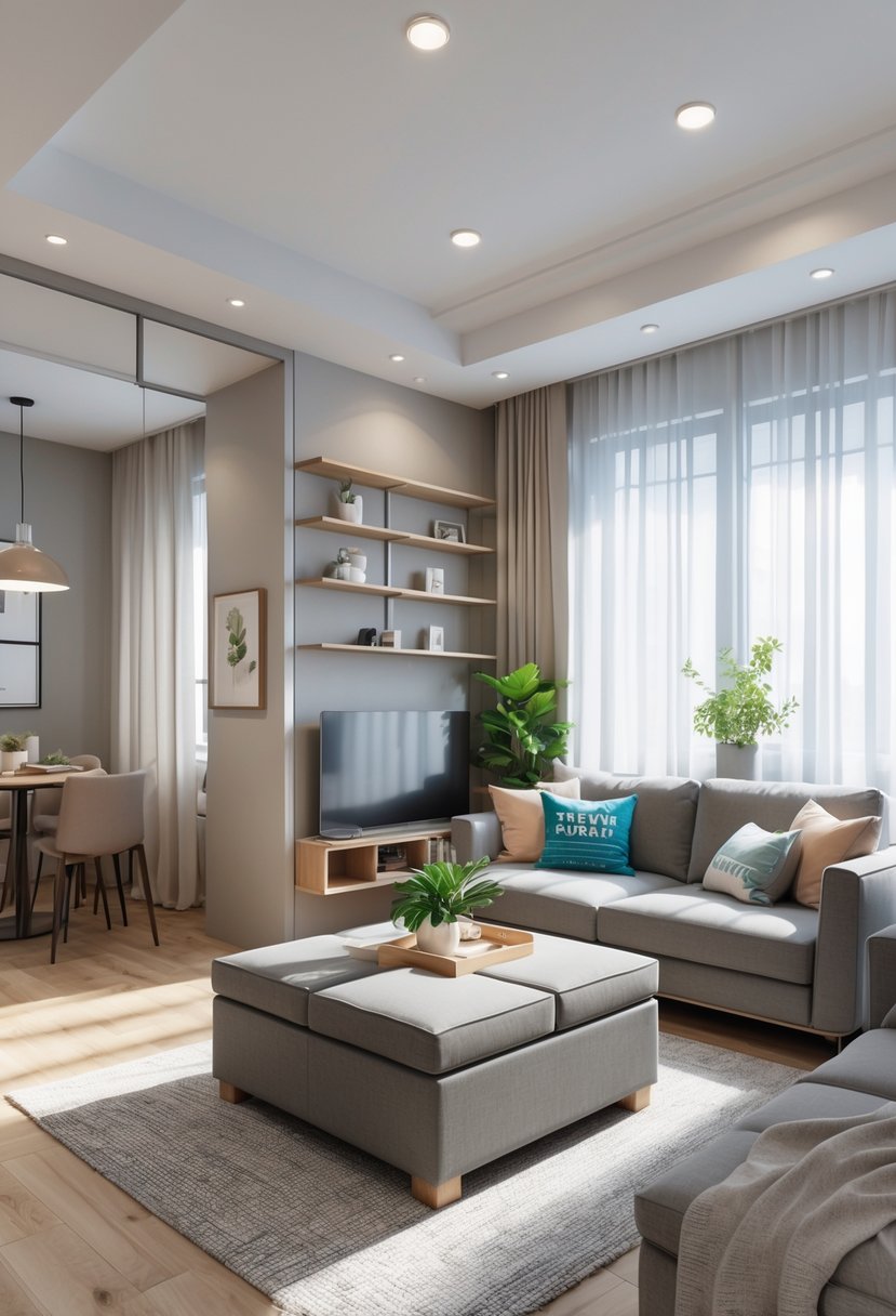 Small apartment living room with a sofa, storage ottoman, shelving unit, and dining nook, illuminated by natural light.