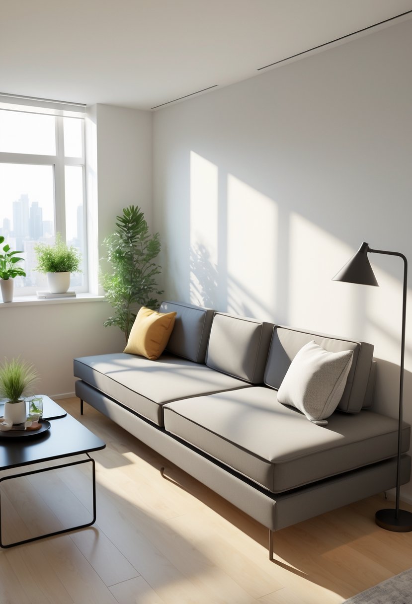 A small apartment living room with a slim sofa, coffee table, floor lamp, and plants arranged to maximize floor space.