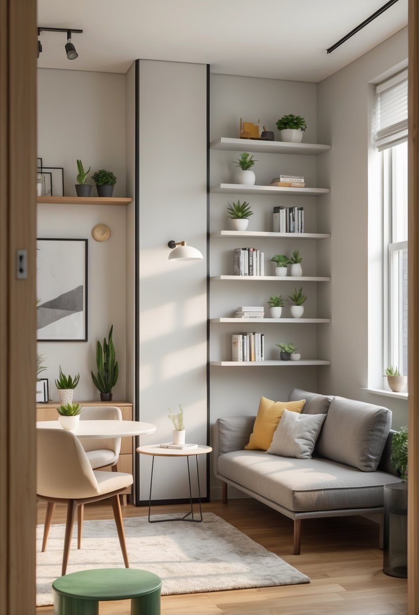 A small apartment living room with a sofa, coffee table, and floating shelves on the wall holding books and plants.