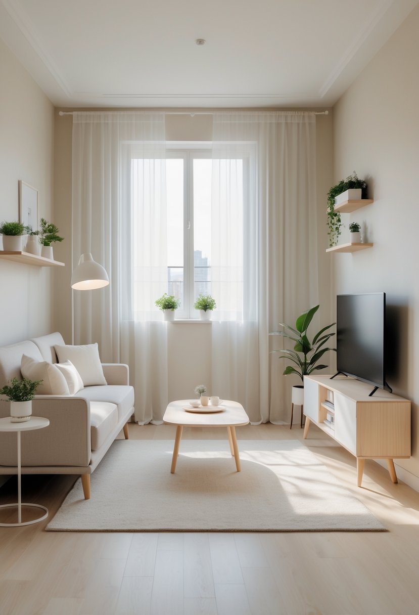 A small apartment living room with a light beige sofa, coffee table, floor lamp, plants, and natural light coming through a window with sheer curtains.