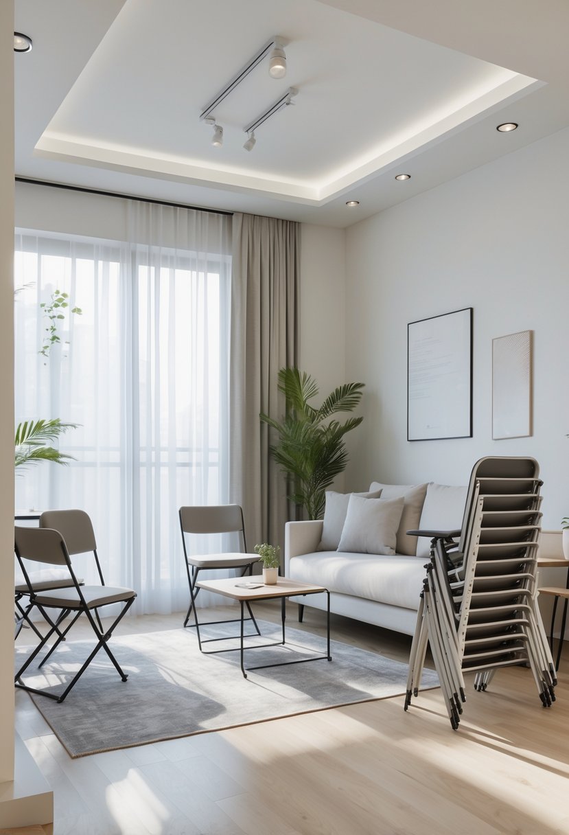 Small apartment living room with a sofa, coffee table, foldable chair, and stackable chairs arranged to maximize space.