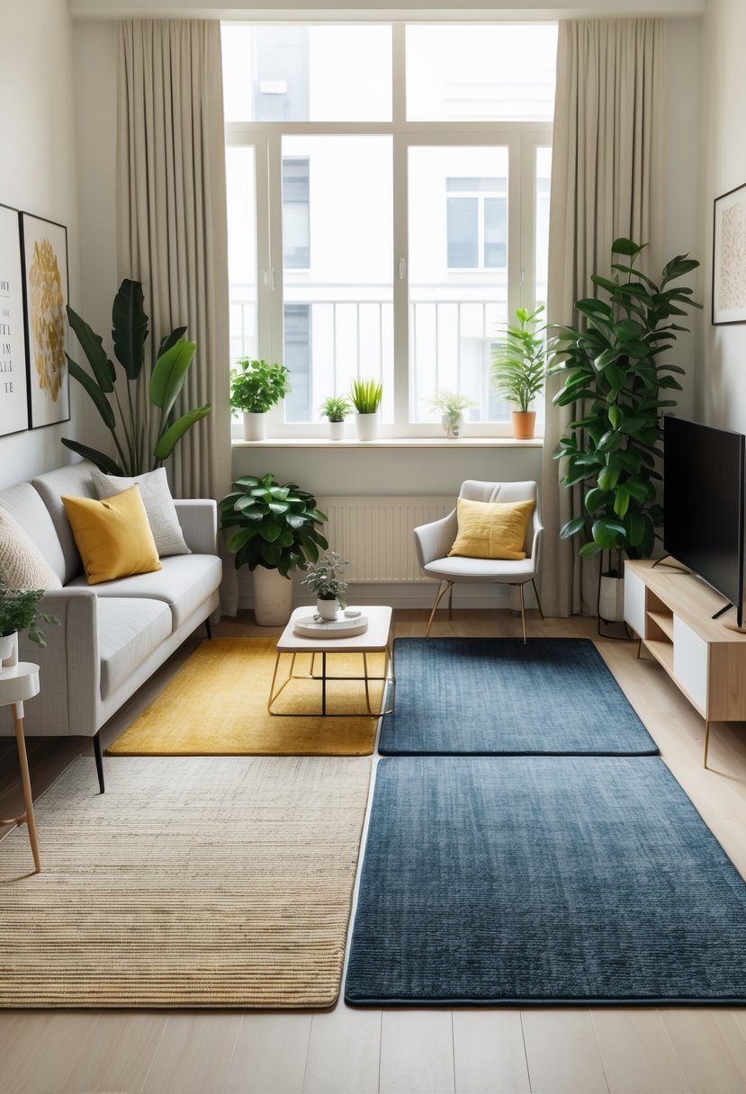 A small apartment living room with rugs defining separate seating and dining zones, featuring a sofa, coffee table, dining table, and large windows.