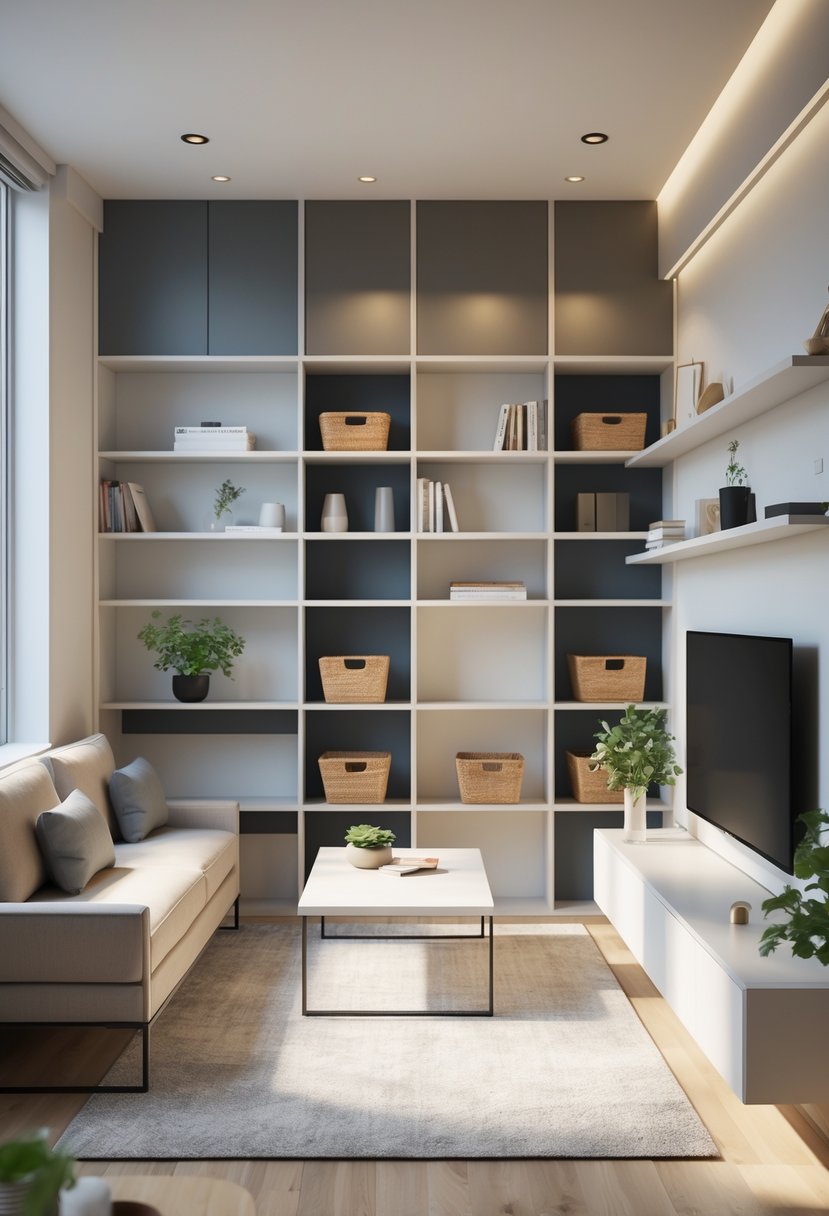 Small apartment living room with built-in shelving and storage units, a sofa, coffee table, wall-mounted TV, and large windows letting in natural light.