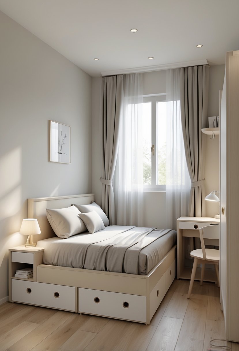 Small bedroom with a bed featuring built-in storage drawers, a bedside table, a desk, and a wardrobe, all arranged in a tidy and well-lit space.