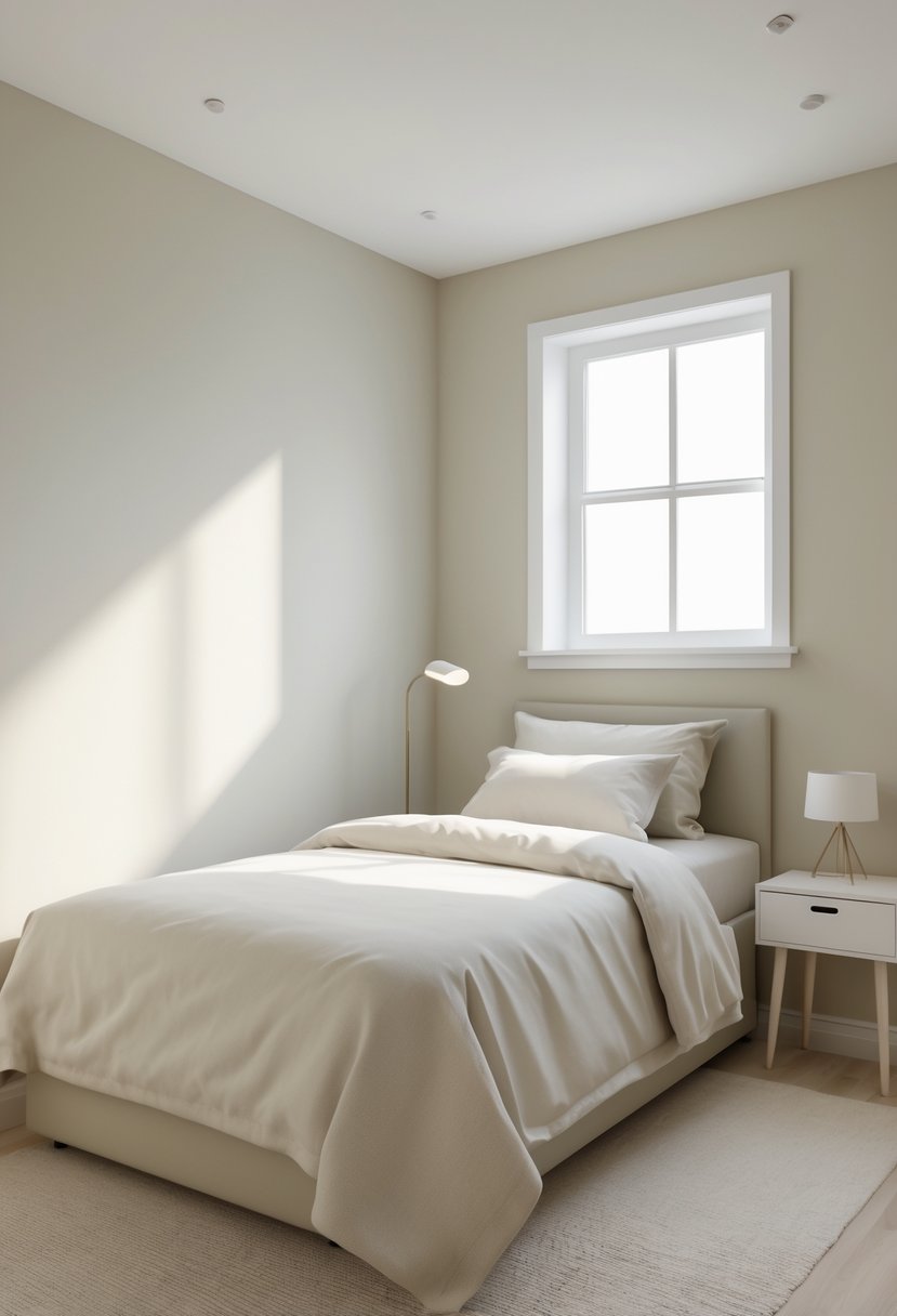 A small bedroom with light neutral walls, a bed, nightstand, window, and minimal furniture arranged to maximize space.