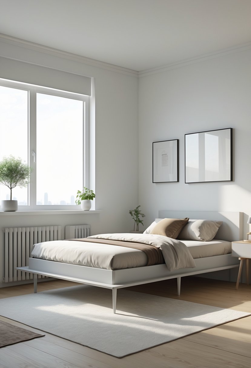 A small bedroom with a platform bed on slim legs, a bedside table, wooden floor, and a window letting in natural light.