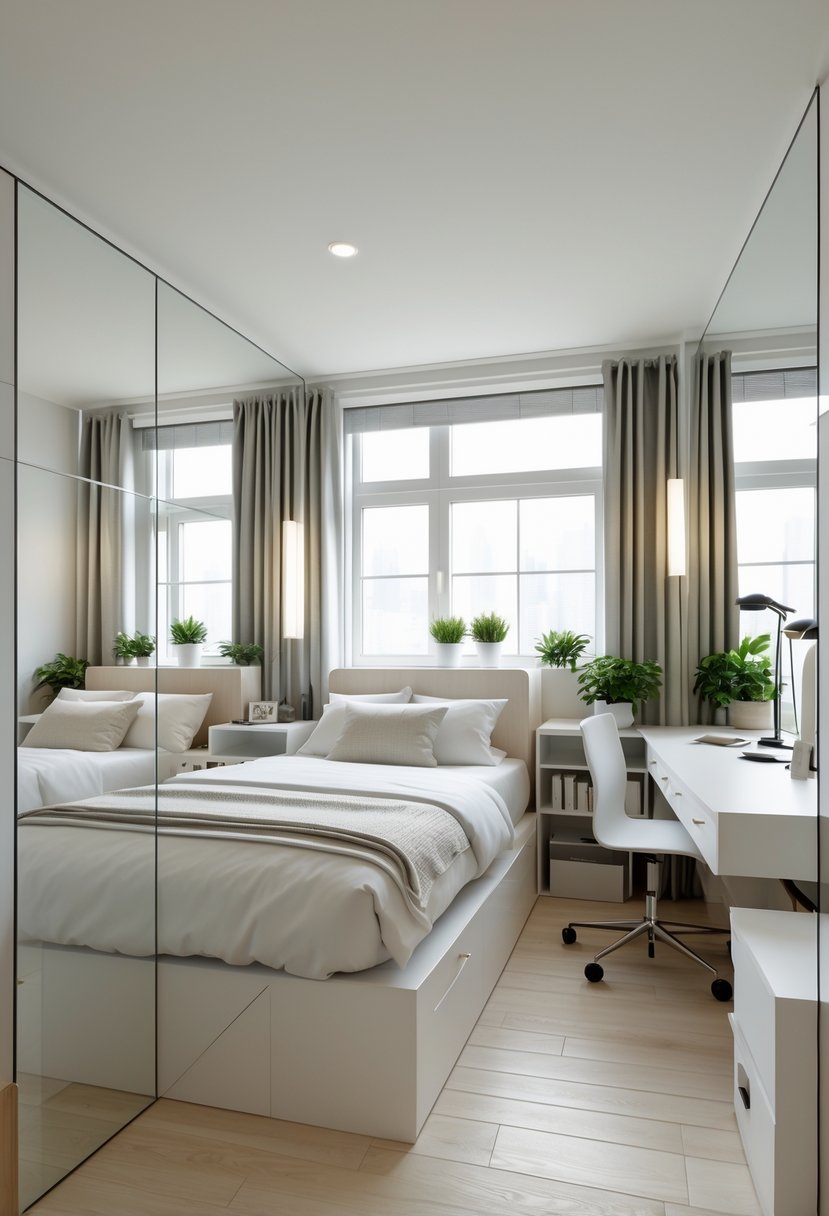 A small bedroom with a bed, bedside tables, a desk, and mirrors on the walls reflecting light to make the room appear larger and brighter.