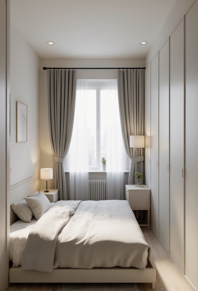A small bedroom with a bed placed against the longest wall, a bedside table, a window with curtains, and a wardrobe, showing a neat and spacious layout.