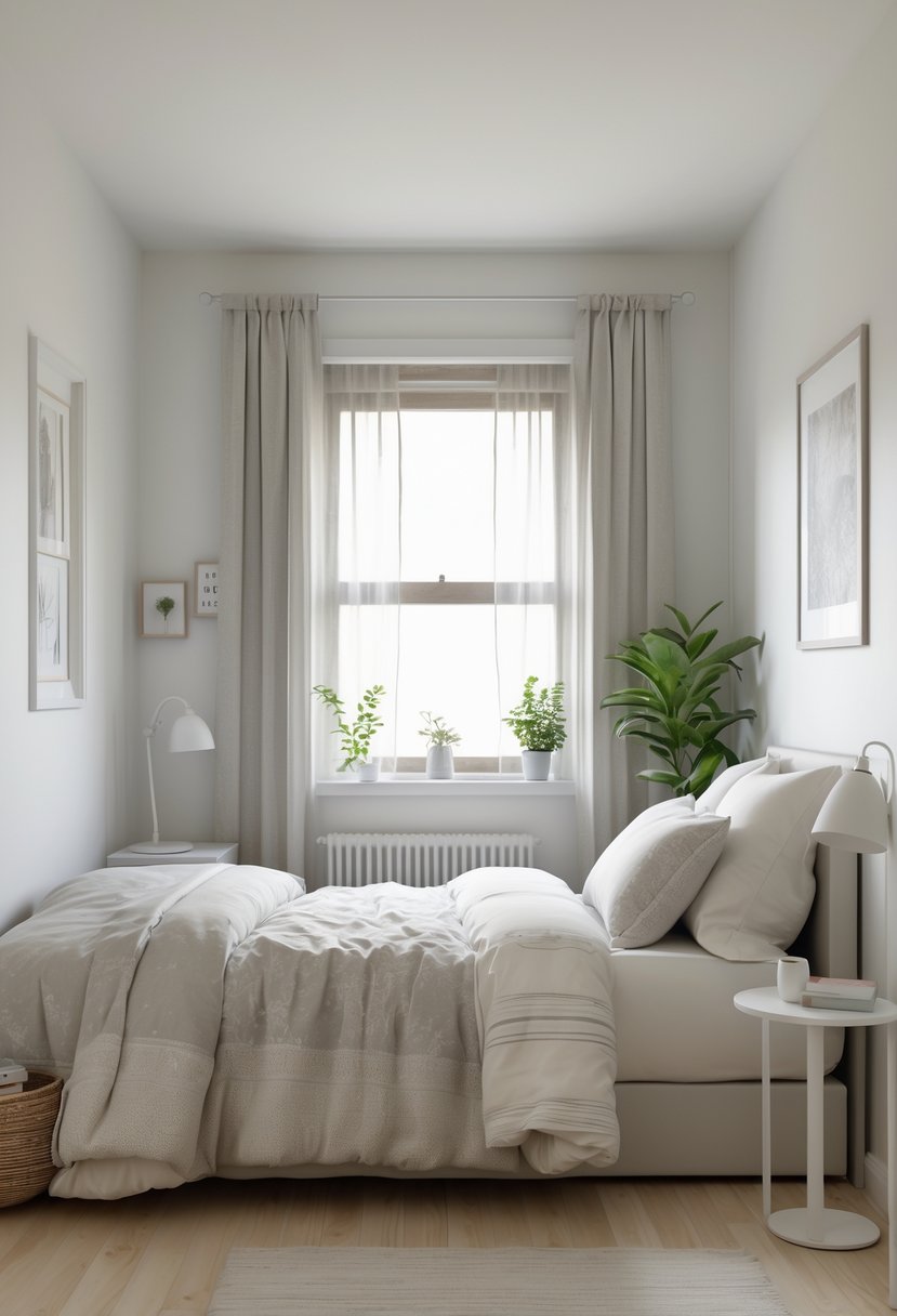 Small bedroom with a bed featuring subtly patterned bedding, a bedside table with a lamp, a window with sheer curtains, and simple decor.