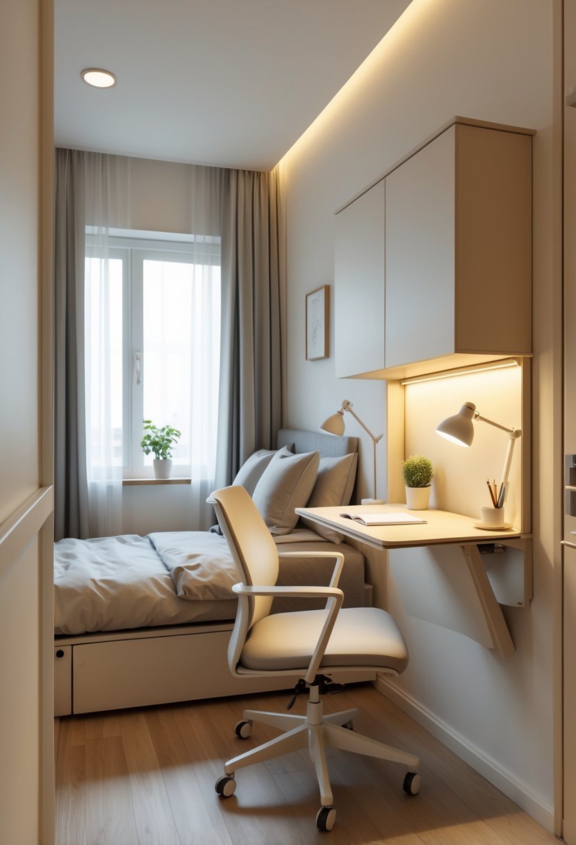 Small bedroom with a bed and a fold-down wall desk set up as a workspace, showing the entire room layout.