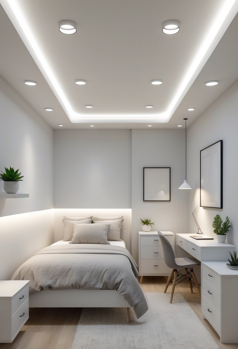 A small bedroom with a bed, dresser, desk, and recessed ceiling lighting illuminating the room evenly.