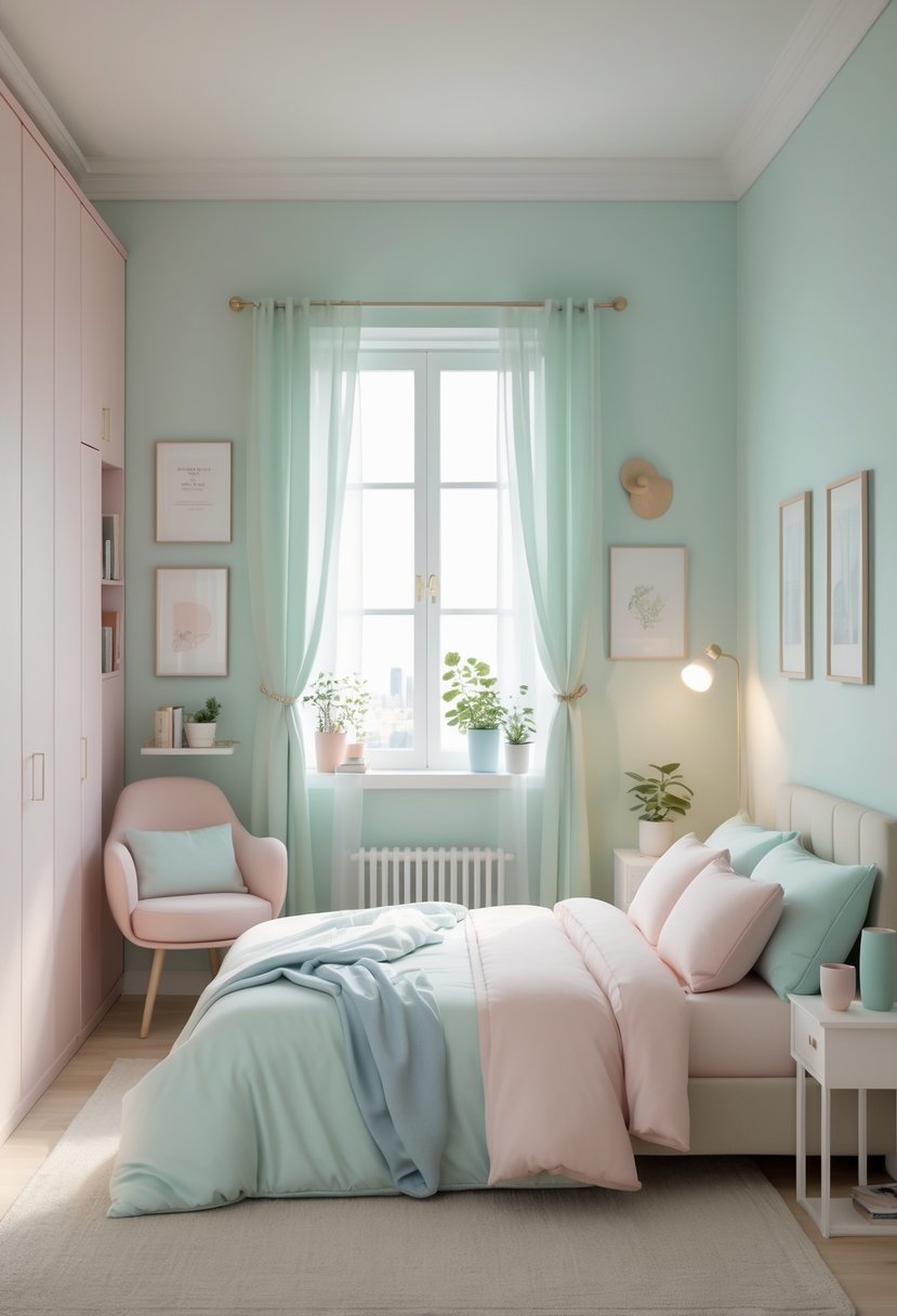 A small bedroom with a bed, bedside table, wardrobe, chair, bookshelf, and window with sheer curtains, decorated in soft pastel colors.