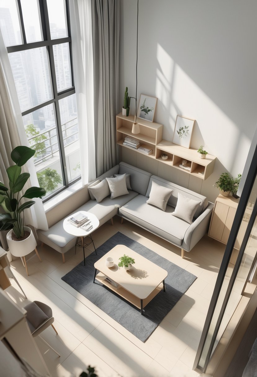 A small studio apartment featuring a multifunctional sofa bed, dining area, kitchen corner, and workspace arranged in a compact, organized layout.