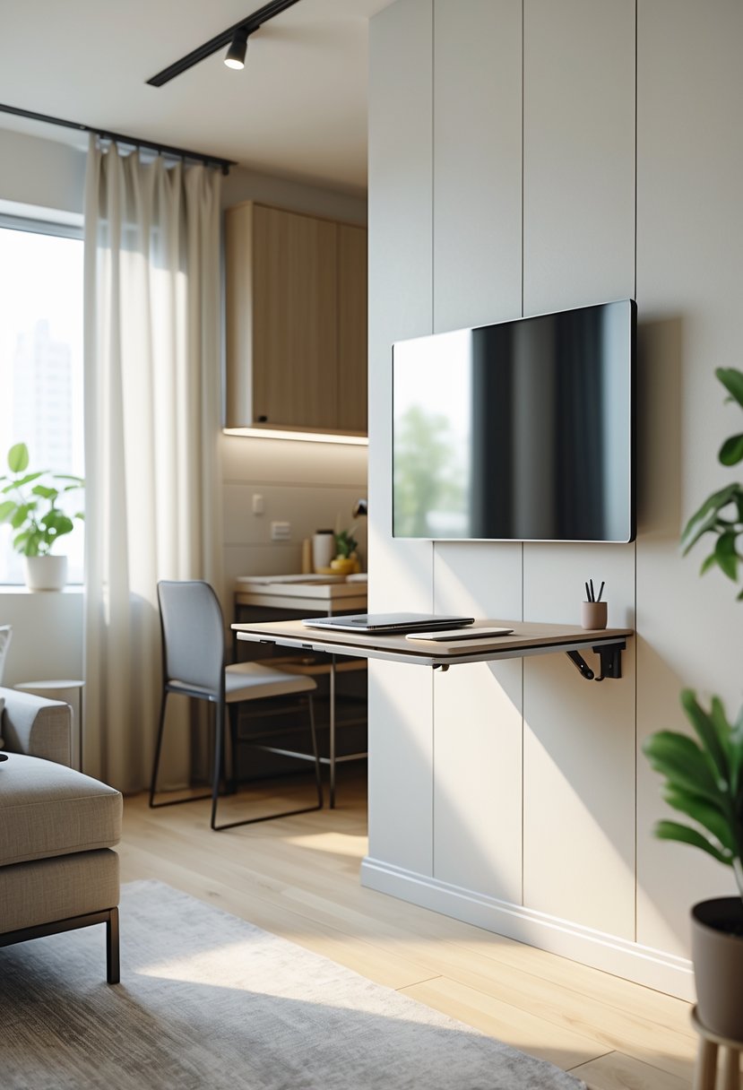 A small studio apartment with a wall-mounted foldable desk set up, showing a living area, kitchenette, and window with natural light.