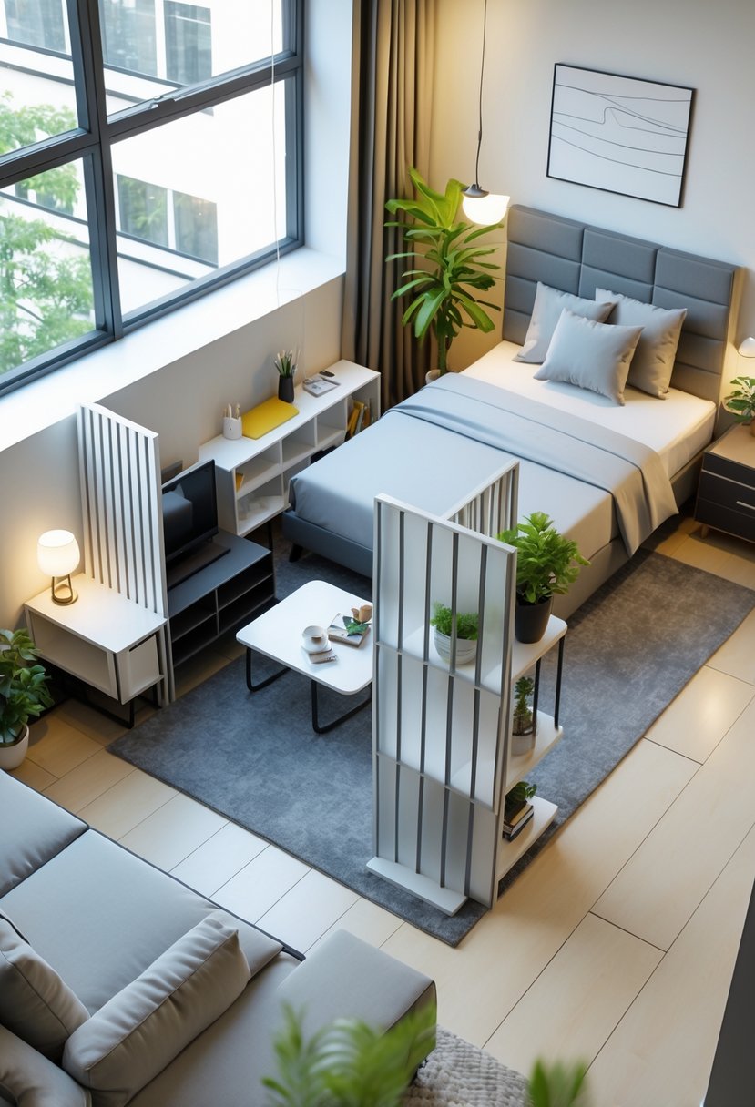 Small studio apartment with room dividers creating separate living, dining, and sleeping areas in one open space.